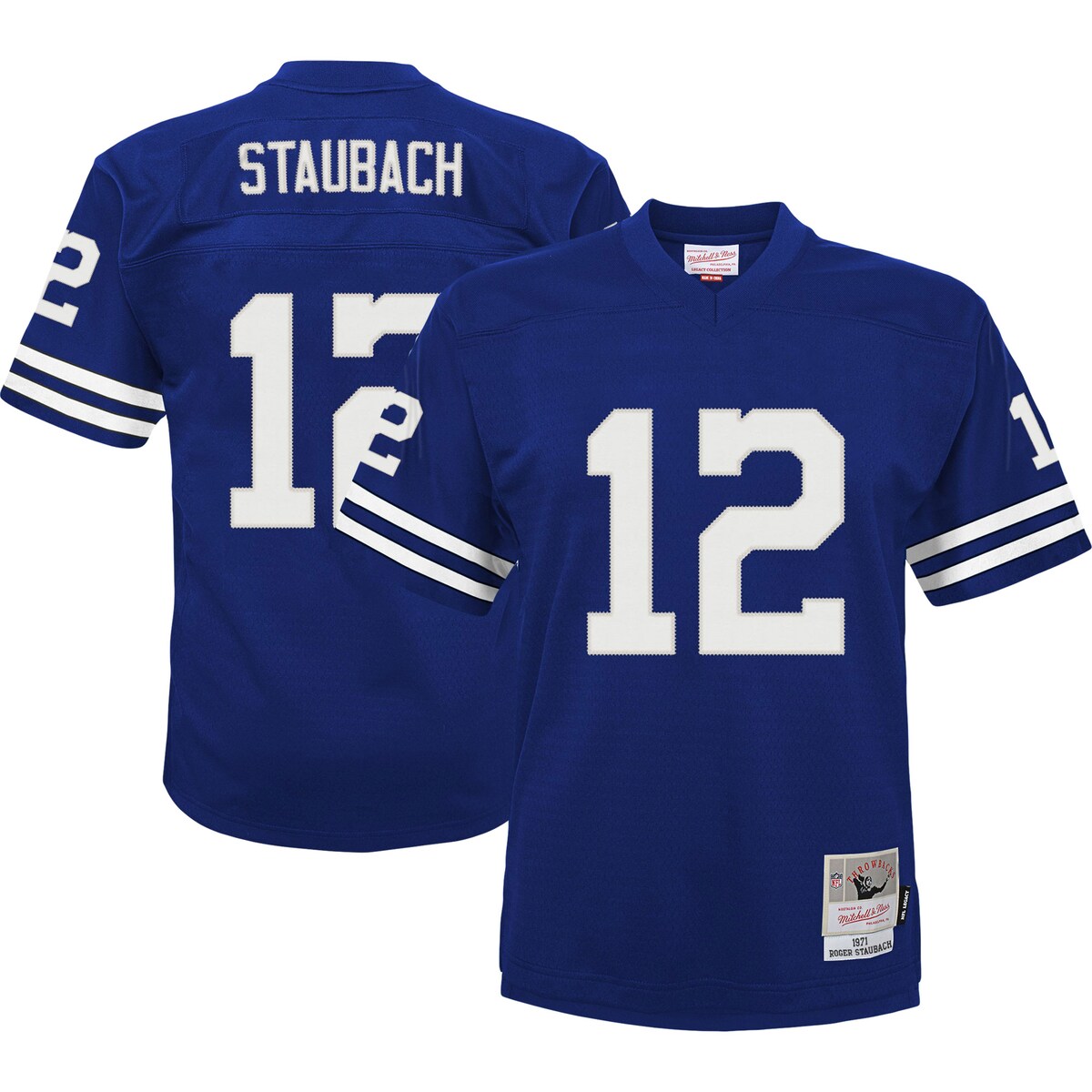 Help your little one remember Roger Staubach's greatest plays with this 1971 Retired Legacy jersey from Mitchell & Ness. It features classic Dallas Cowboys graphics to help your young fan look like they belong on the field, too. The mesh fabric ensures ultra-comfortable wear as the whole family cheers on the Dallas Cowboys.Short sleevesReplica Throwback JerseyMaterial: 100% PolyesterMachine wash with garment inside out, tumble dry lowImportedStitched tackle twill appliqueWoven tag at bottom left hemHeat-sealed stripesMesh fabricBrand: Mitchell & NessSolid side panelsBottom hem with side splitsOfficially licensedNFL patch sewn onto bottom front collar