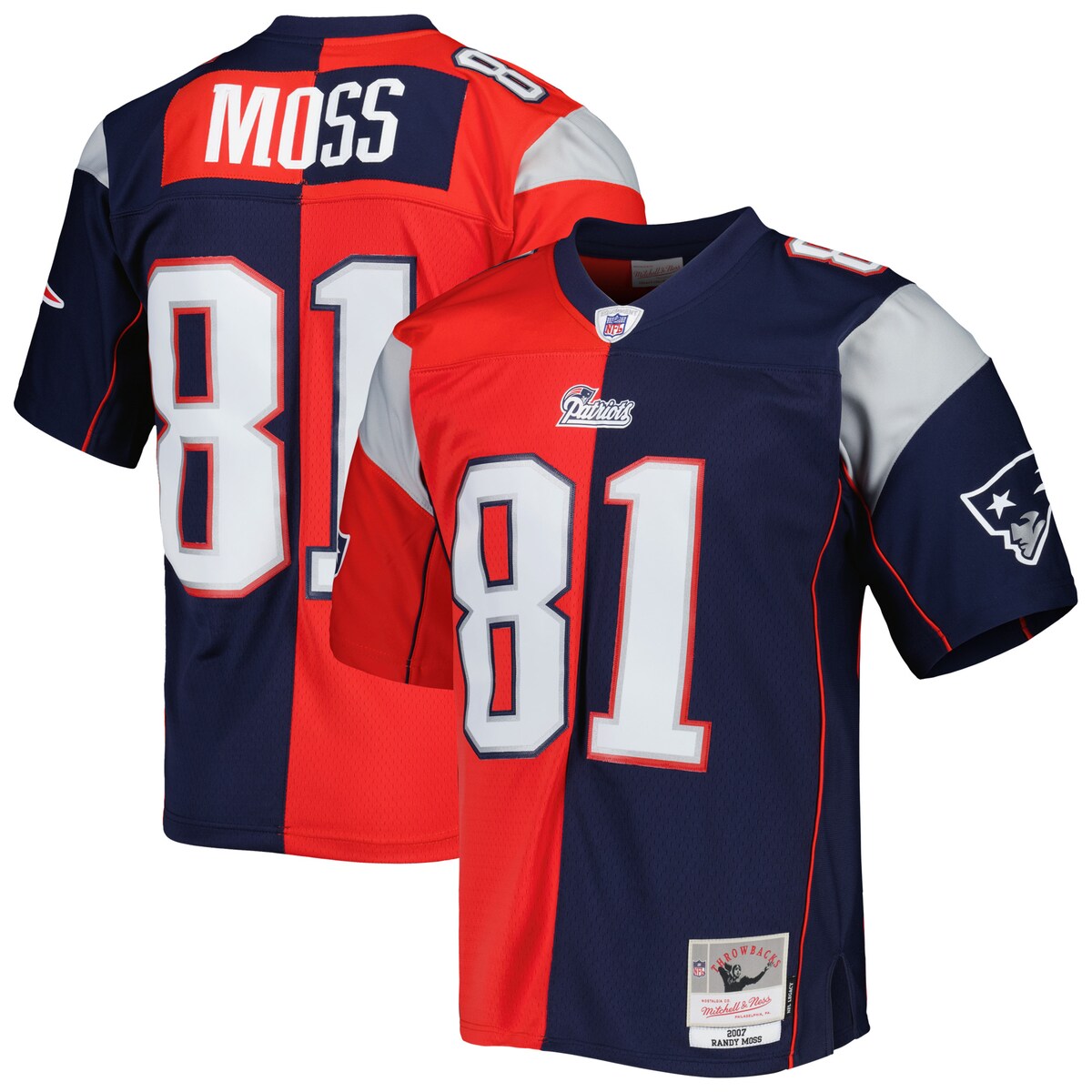 Showcase your love for one of the greatest players of all time in a fresh and unique way with this Randy Moss Split Legacy jersey from Mitchell & Ness. This contrasting New England Patriots jersey design features the name and number across multiple colors and trims, allowing you to boast your Randy Moss spirit loud and proud. Additionally, the lightweight design and droptail hem bring comfort to your New England Patriots game day gear.Machine wash, line dryOfficially licensedImportedMesh fabricReplica Throwback JerseyBrand: Mitchell & NessShort sleevesSide split hemStitched NFL Shield at collarTackle twill graphicsV-neckWoven tags at bottom hemMaterial: 100% Polyester