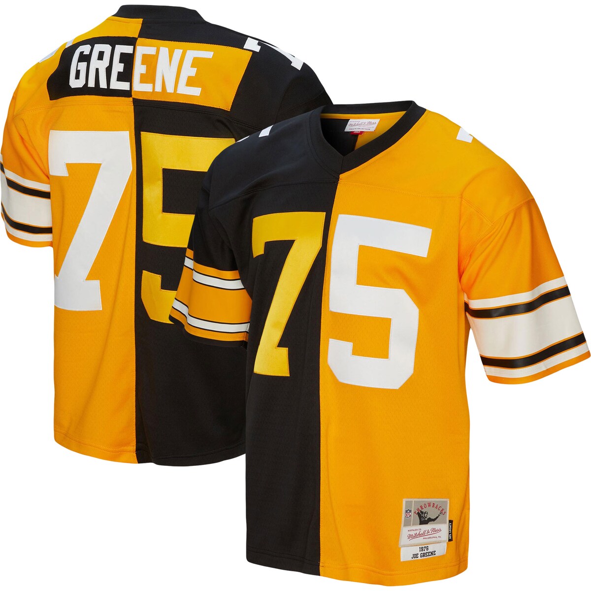 Showcase your love for one of the greatest players of all time in a fresh and unique way with this Joe Greene Split Legacy jersey from Mitchell & Ness. This contrasting Pittsburgh Steelers jersey design features the name and number across multiple colors and trims, allowing you to boast your Joe Greene spirit loud and proud. Additionally, the lightweight design and droptail hem bring comfort to your Pittsburgh Steelers game day gear.Short sleevesReplica Throwback JerseyMaterial: 100% PolyesterOfficially licensedMachine wash, line dryImportedV-neckSide split hemTackle twill graphicsWoven tags at bottom hemBrand: Mitchell & NessMesh fabric