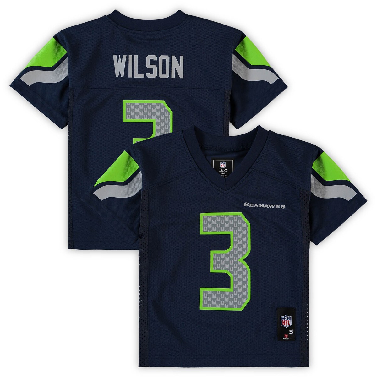 Your youngster can show off who their favorite player in football is with this Seattle Seahawks Russell Wilson Replica Player jersey. It's designed with detailed graphics to replicate the jerseys the Seattle Seahawks wear each week. Finished with mesh side panels, this jersey will help your young fan feel closer to their favorite team than ever before.Officially licensedReplica JerseyMesh side panelsWoven jock tag at hemJersey Color Style: TeamBrand: OuterstuffScreen print graphicsMaterial: 100% PolyesterV-neckImportedMachine wash with garment inside out, tumble dry lowShort sleeve