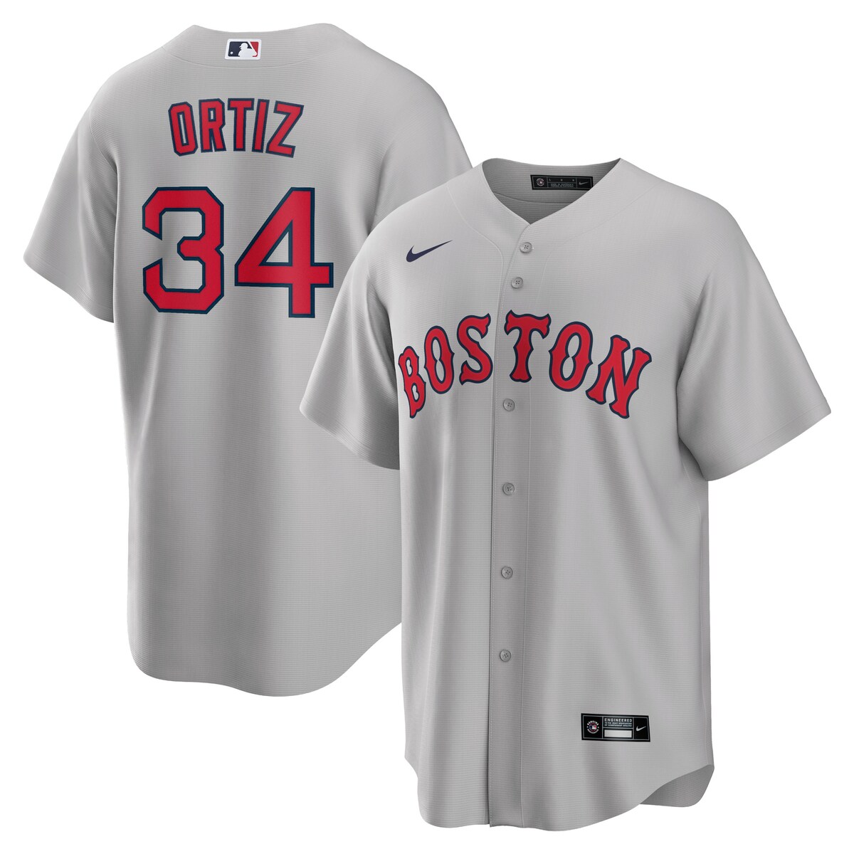 When your Boston Red Sox finally hit the field, show your support all game long with the help of a legend with this David Ortiz Replica Player jersey from Nike. Its classic full-button design features bold player and Boston Red Sox applique graphics, leaving no doubt you and Big Papi will be along for the ride for all 162 games and beyond this season.ImportedFull-button frontReplica JerseyOfficially licensedMachine wash, tumble dry lowBrand: NikeHeat-sealed jock tagHeat-sealed transfer appliqueMLB Batterman applique on center back neckRounded droptail hemShort sleeveMaterial: 100% PolyesterJersey Color Style: Road