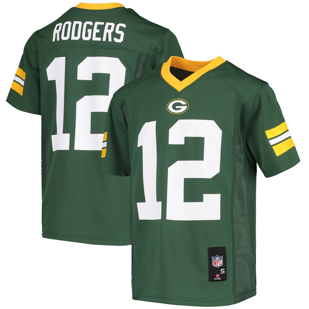 Your youngster can show off who their favorite player in football is with this Green Bay Packers Aaron Rodgers Replica Player jersey. It's designed with detailed graphics to replicate the jerseys the Green Bay Packers wear each week. Finished with mesh side panels, this jersey will help your young fan feel closer to their favorite team than ever before.Woven jock tag at hemOfficially licensedV-neckMaterial: 100% PolyesterReplicaMachine wash with garment inside out, tumble dry lowMesh side panelsRubberized heat-sealed graphicsImportedBrand: OuterstuffRib-knit collarShort sleeves