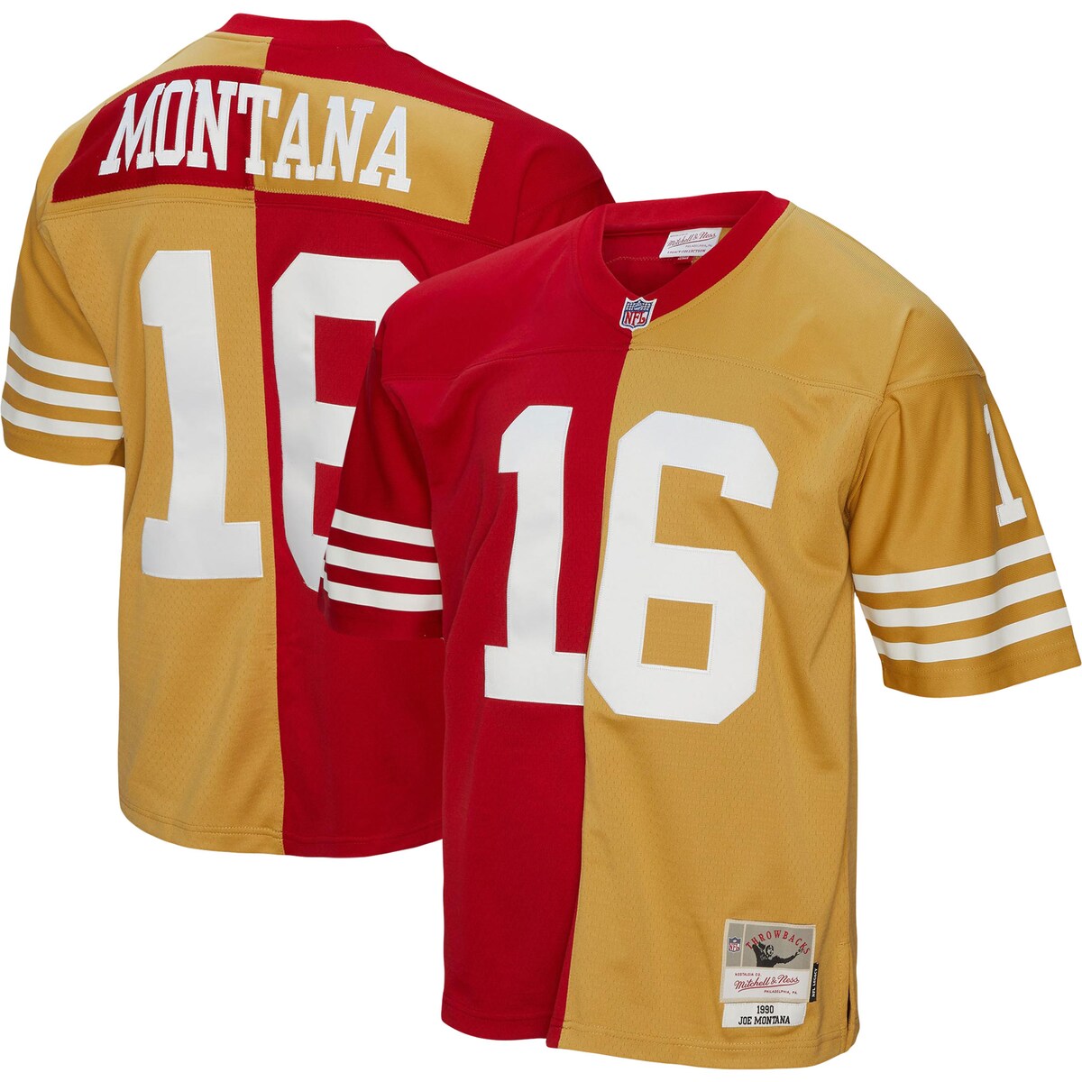 Showcase your love for one of the greatest players of all time in a fresh and unique way with this Joe Montana Split Legacy jersey from Mitchell & Ness. This contrasting San Francisco 49ers jersey design features the name and number across multiple colors and trims, allowing you to boast your Joe Montana spirit loud and proud. Additionally, the lightweight design and droptail hem bring comfort to your San Francisco 49ers game day gear.Machine wash, line dryOfficially licensedMaterial: 100% PolyesterReplica Throwback JerseyWoven tags at bottom hemImportedStitched NFL Shield at collarV-neckTackle twill graphicsShort sleevesBrand: Mitchell & NessSide split hemMesh fabric
