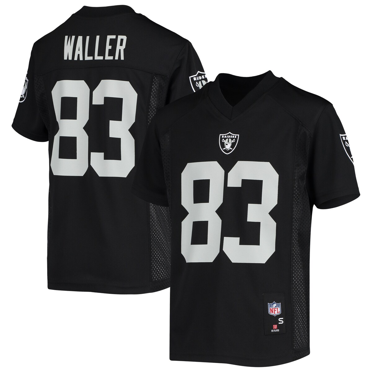 Your youngster can show off who their favorite player in football is with this Las Vegas Raiders Darren Waller Replica Player jersey. It's designed with detailed graphics to replicate the jerseys the Las Vegas Raiders wear each week. Finished with mesh side panels, this jersey will help your young fan feel closer to their favorite team than ever before.Jersey Color Style: TeamOfficially licensedMaterial: 100% PolyesterImportedMachine wash with garment inside out, tumble dry lowV-neckRubberized heat-sealed graphicsShort sleevesReplicaWoven jock tag at hemMesh side panelsRib-knit collarBrand: Outerstuff