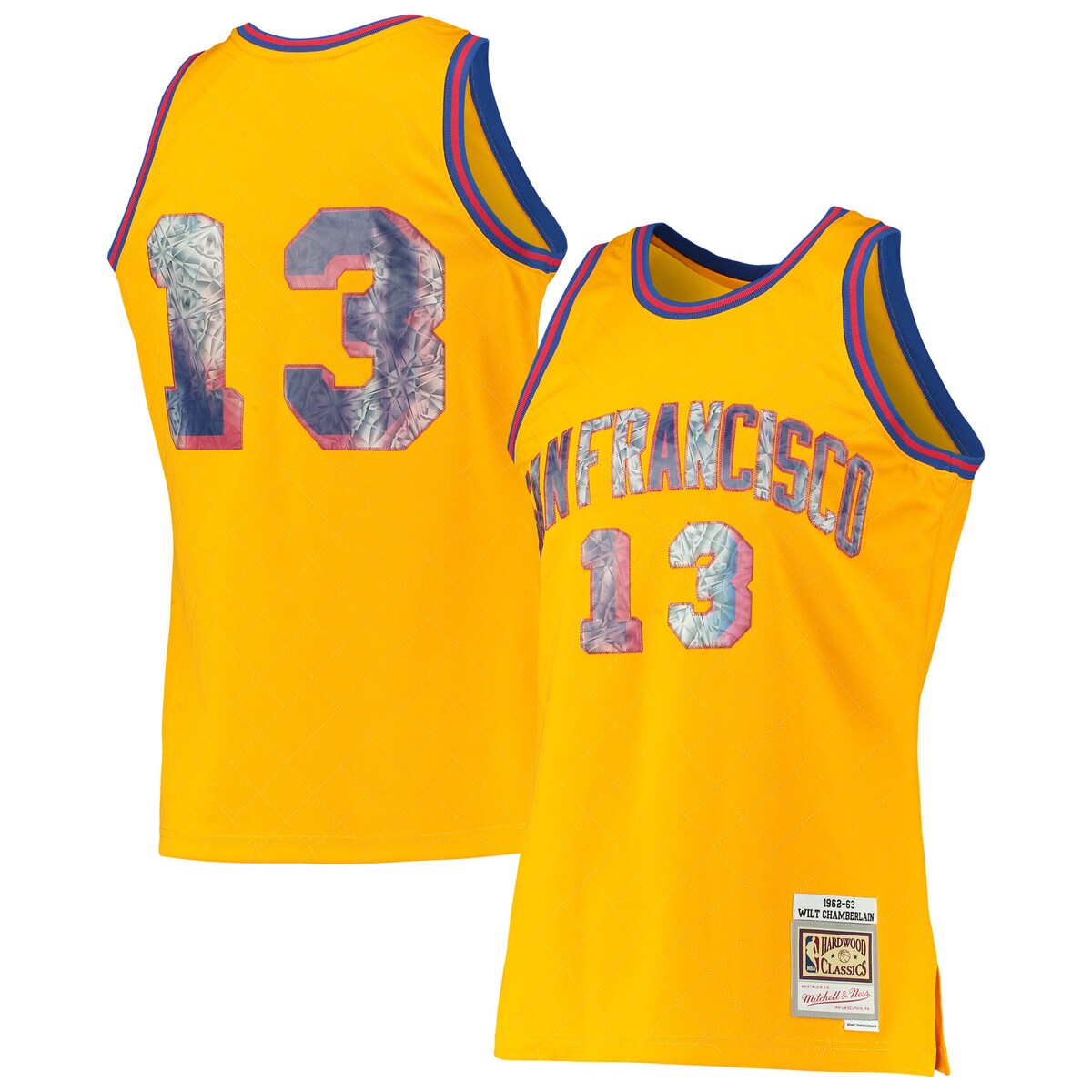 For the NBA's 75th anniversary, throw it back to one of the stars of the San Francisco Warriors with this Wilt Chamberlain Hardwood Classics Diamond Swingman jersey from Mitchell & Ness. It features faux diamond details for the league's big milestone and that old-school design Wilt Chamberlain used to wear back in the day. This authentic piece of gear is a great way to mesh past and present as you get fired up for game day.Swingman ThrowbackOfficially licensedSleevelessMaterial: 100% PolyesterMachine wash, line dryBrand: Mitchell & NessCrew neckStitched holographic applique with faux diamond patternImportedStitched designStraight hemline with side splitsWoven jock tag at hem