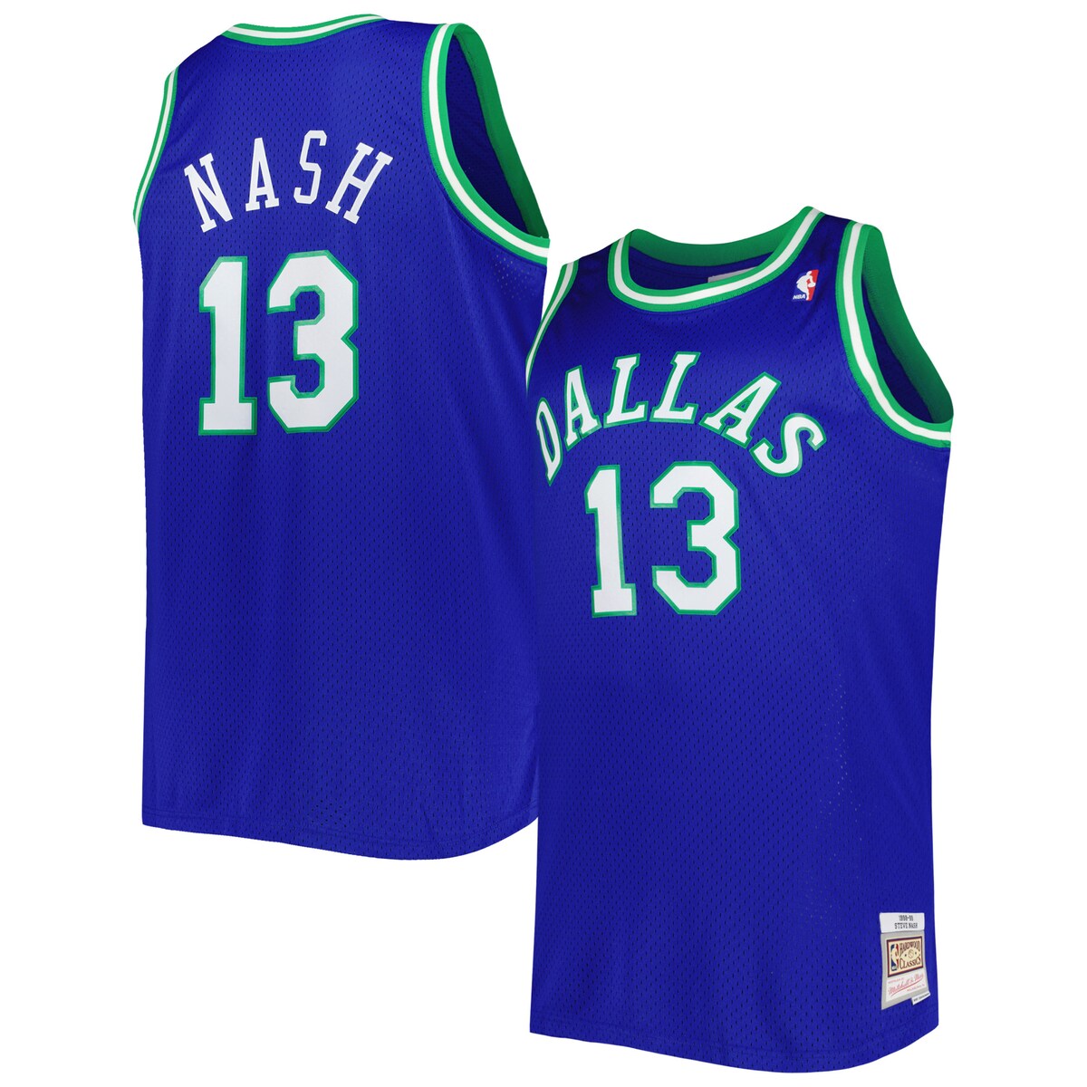 Pay homage to one of the greatest players in Dallas Mavericks history with this Steve Nash 1998/99 Swingman jersey from Mitchell & Ness. It features his iconic #13 on the front and back, making it loud and clear that you are the former stars' biggest fan. The vintage team design and colors displayed throughout this Hardwood Classics top are sure to make it your next go-to piece of Dallas Mavericks gear.Sublimated graphicsAuthentic JerseyMachine wash, tumble dry lowMaterial: 100% PolyesterWoven jock tag at hemOfficially licensedV-neckMesh fabricSide splits at hemHeat-sealed NBA logoImportedTackle twill applique nameplate and numbersBrand: Mitchell & NessSleeveless