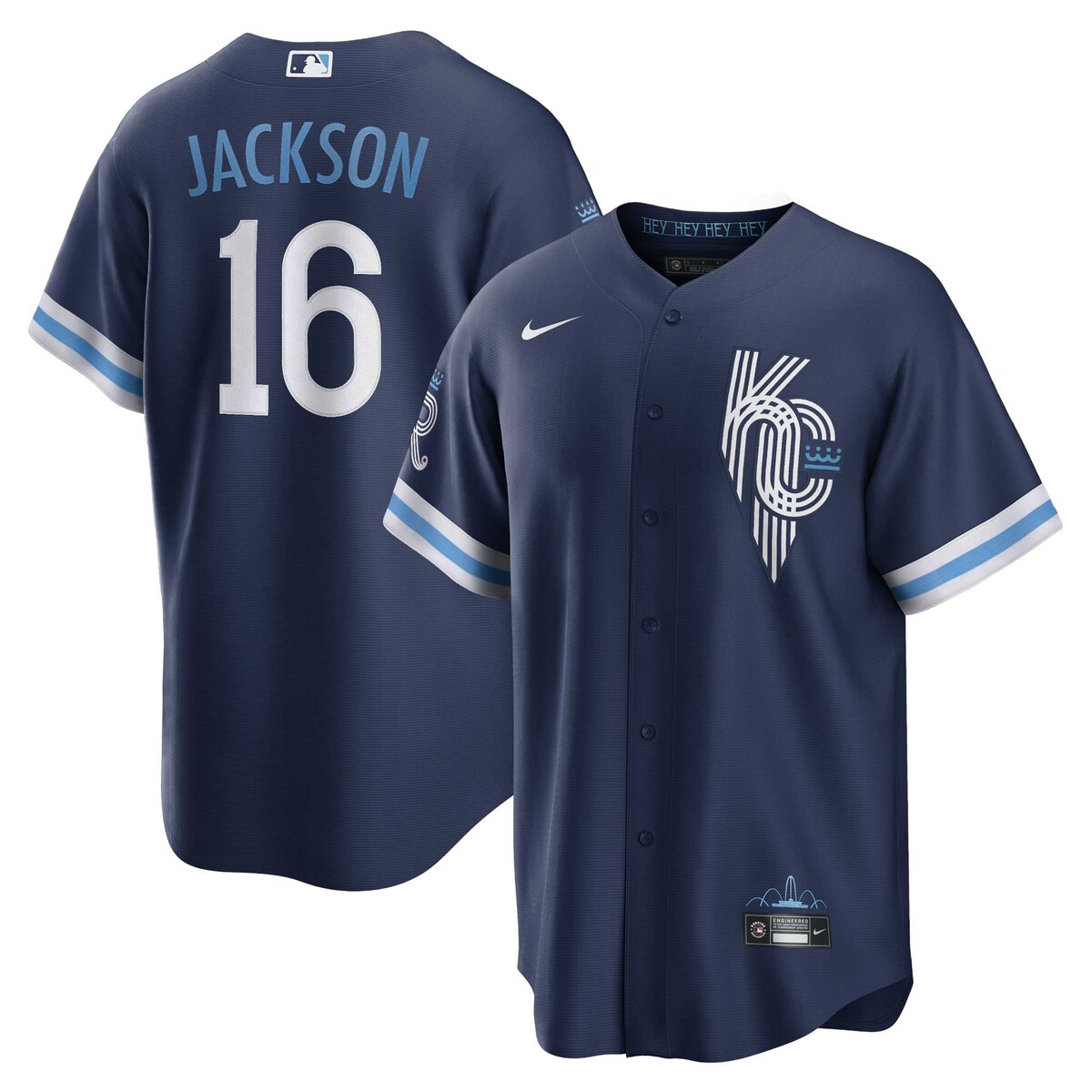 This special City Connect Royals Bo Jackson Replica jersey from Nike is inspired by Kansas City's most common nickname, "City of Fountains," claiming to have more fountains than any other in the world. The colorway is a nod to the ritual of dying the fountains when the Kansas City Royals makes a playoff run. The uniform draws from prominent local icons and pays tribute to the beloved design of the city flag.Officially licensedMachine wash, tumble dry lowMaterial: 100% PolyesterHeat-sealed transfer appliqueRounded hemShort sleeveImportedEmbroidered graphicsHeat-sealed jock tagBrand: NikeMLB Batterman applique on center back neckReplica JerseyFull-button front