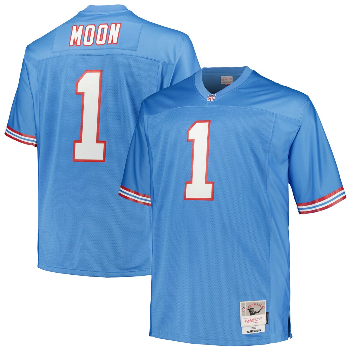 Showcase who your all-time favorite Houston Oilers player is by sporting this Warren Moon 1993 Legacy Retired Player Replica jersey from Mitchell & Ness. It features authentic Houston Oilers graphics that will leave a lasting impression on fellow fans. You'll remind everyone around you of the impact the legendary Warren Moon left on the organization.ImportedJersey Color Style: TeamStitched tackle twill letters and numbersV-neckMaterial: 100% PolyesterStitched fabric applique with player year and nameHem with side splitsMesh fabricOfficially licensedReplicaStitched NFL Shield at front neckMachine wash, tumble dry lowShort sleeveJock tag at bottom left hemBrand: Mitchell & NessBack neck taping - no irritating stitch on the back neck