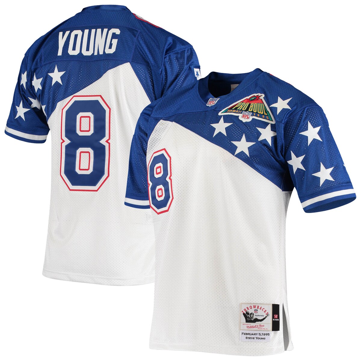 Throw it back to when Steve Young was one of the NFL's top players with this 1994 Pro Bowl Authentic jersey from Mitchell & Ness. Following a strong season for the San Francisco 49ers, Steve Young earned his way onto the NFC's roster, and this piece replicates the jersey he wore on the field with its tackle twill graphics and felt jock tag at the bottom left hem.Side splits at hemOfficially licensedAuthentic Throwback JerseyImportedMaterial: 100% Polyester - Body; 87% Nylon/13% Spandex - InsetsMachine wash, line dryMesh fabricNFL shield applique sewn at collarBrand: Mitchell & NessTackle twill graphicsEmbroidered fabric appliqueSewn-on felt player jock tag at bottom left hem