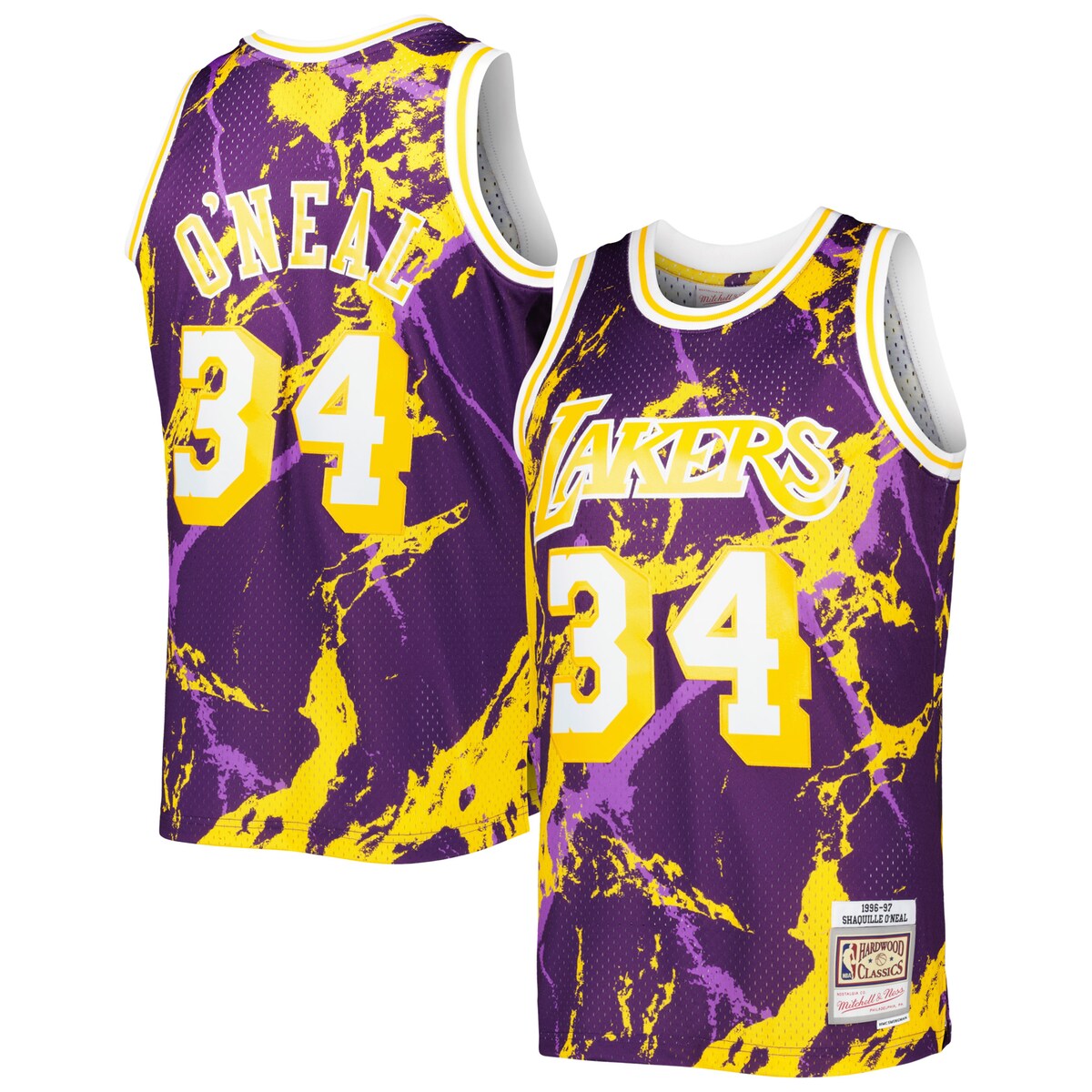 Stand out from the crowd at the next Los Angeles Lakers game or watch party by grabbing this 1996/97 Shaquille O'Neal Hardwood Classics Marble Swingman jersey by Mitchell & Ness. Featuring breathable mesh fabric, this jersey highlights one of your all-time favorite players throughout the storied history of your favorite franchise. Complete with tackle-twill Los Angeles Lakers graphics, this stylish jersey shows that you're more than just a casual fan.Mesh fabricSwingmanSide split hemMachine wash, line dryOfficially licensedCrew neckTackle twill team graphics, numbers, and letteringImportedMaterial: 100% PolyesterWoven jock tagSublimated designBrand: Mitchell & Ness