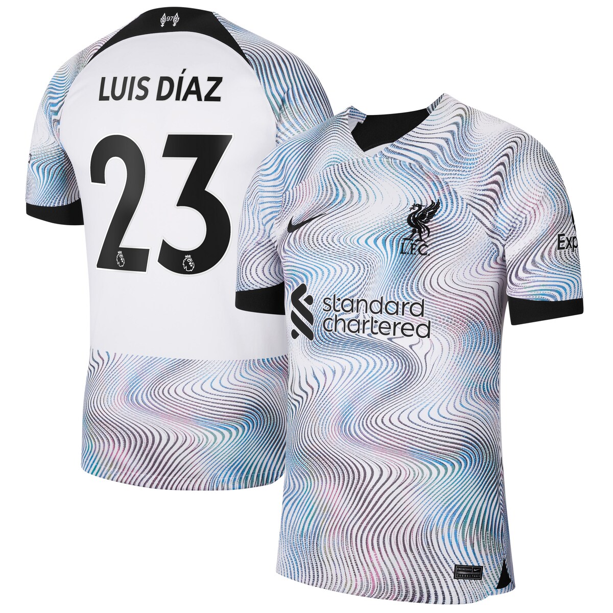 You love watching Liverpool on the pitch, so be sure you're outfitted properly by grabbing this Luis Diaz 2022/23 Home Breathe Stadium Replica Player Jersey. This Nike jersey features heat-sealed team graphics that proudly display your Liverpool fandom. The Dri-FIT technology wicks moisture away to keep you comfortable while cheering for your favorite squad.Officially licensedNike Breathe fabrics move sweat from your skin and feature highly breathable construction to help you stay dry and comfortableDri-FIT technology wicks away moistureSewn on embroidered team crest on left chestImportedMachine wash, tumble dry lowMaterial: 100% PolyesterBrand: NikeTagless collar for added comfortWoven Authentic Nike jock tag on left hemVentilated mesh panel insertsEmbroidered Nike logo on right chestReplica Jersey