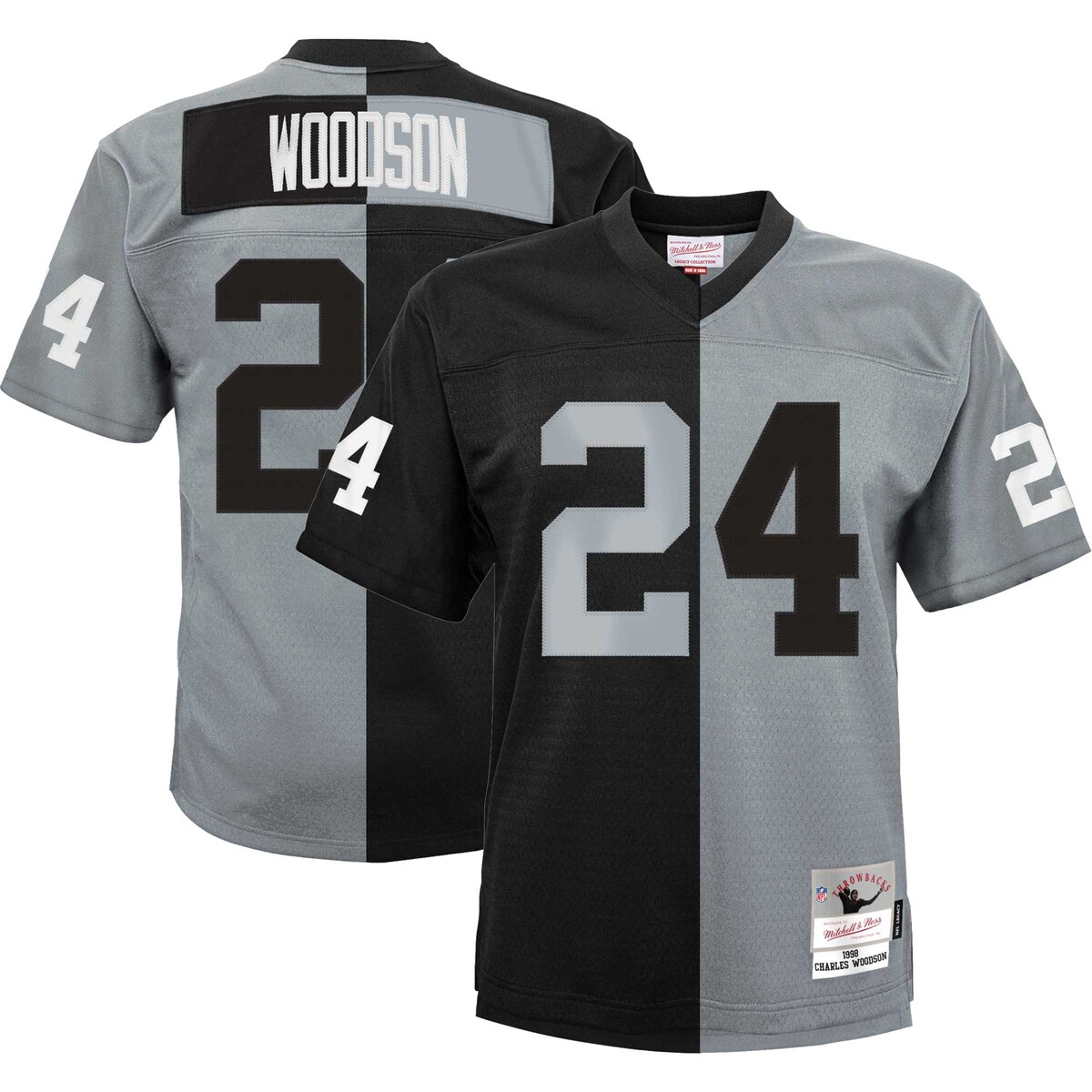 NFL レイダース チャールズ・ウッドソン ユニフォーム Mitchell & Ness ミッチェル＆ネス キッズ ブラック Youth MNC 8-20 Split Legacy Jersey 