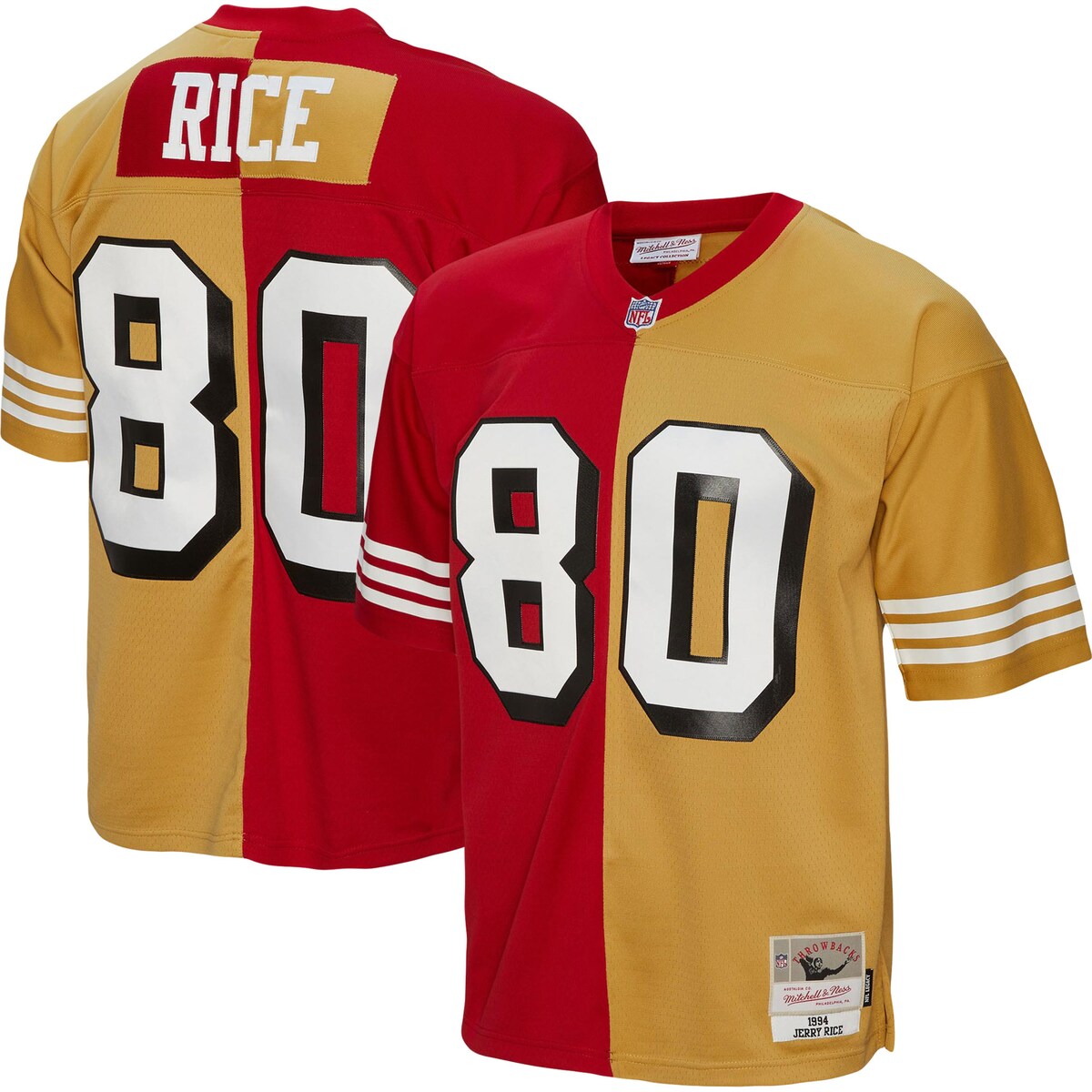 Showcase your love for one of the greatest players of all time in a fresh and unique way with this Jerry Rice Split Legacy jersey from Mitchell & Ness. This contrasting San Francisco 49ers jersey design features the name and number across multiple colors and trims, allowing you to boast your Jerry Rice spirit loud and proud. Additionally, the lightweight design and droptail hem bring comfort to your San Francisco 49ers game day gear.Tackle twill graphicsMachine wash, line dryOfficially licensedImportedWoven tags at bottom hemMaterial: 100% PolyesterShort sleevesSide split hemBrand: Mitchell & NessV-neckMesh fabricReplica Throwback JerseyStitched NFL Shield at collar