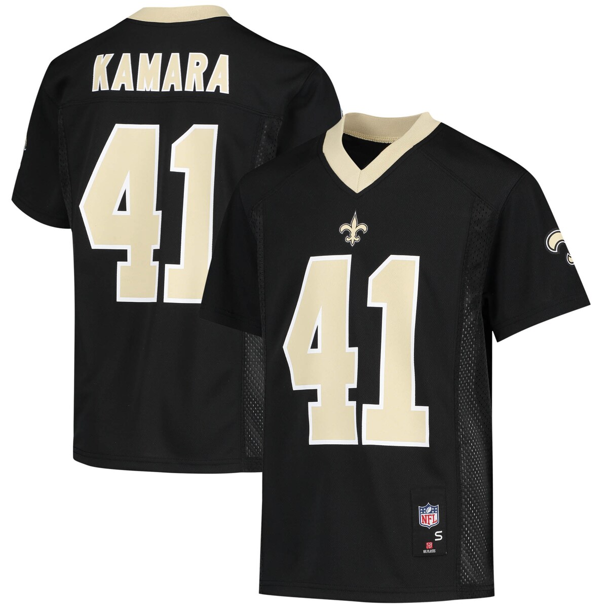 Your youngster can show off who their favorite player in football is with this Alvin Kamara New Orleans Saints Replica Jersey. It's designed with detailed graphics to replicate the jerseys the New Orleans Saints wear each week. Finished with mesh side panels, this jersey will help your young fan feel closer to their favorite team than ever before.Officially licensedMachine wash with garment inside out, tumble dry lowReplicaShort sleevesRubberized heat-sealed graphicsSizing Tip: Fans say this jersey runs large. If you are in between sizes, consider sizing down.Mesh side panelsBrand: OuterstuffMaterial: 100% PolyesterWoven jock tag at hemJersey Color Style: TeamRib-knit collarV-neckImported