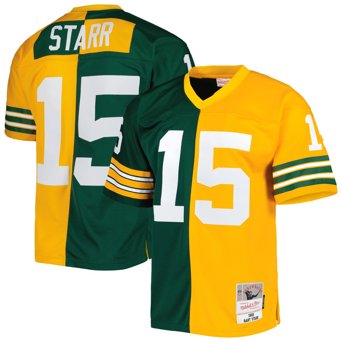 Showcase your love for one of the greatest players of all time in a fresh and unique way with this Bart Starr Split Legacy jersey from Mitchell & Ness. This contrasting Green Bay Packers jersey design features the name and number across multiple colors and trims, allowing you to boast your Bart Starr spirit loud and proud. Additionally, the lightweight design and droptail hem bring comfort to your Green Bay Packers game day gear.Woven tags at bottom hemSide split hemOfficially licensedReplica Throwback JerseyMachine wash, line dryV-neckMaterial: 100% PolyesterImportedTackle twill graphicsShort sleevesMesh fabricBrand: Mitchell & Ness