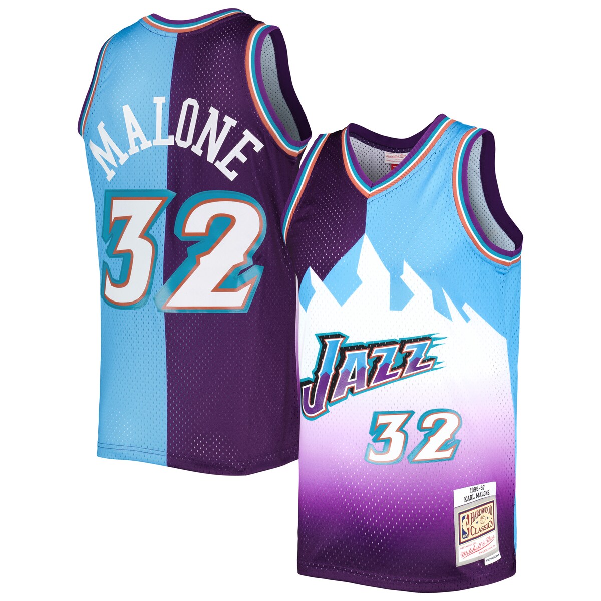 Showcase your timeless love for one of the Utah Jazz's greatest players of all time in a trendy, distinct way with this Karl Malone Split Swingman jersey by Mitchell & Ness. This Hardwood Classics 1996/97 jersey features vibrant team and Karl Malone graphics across a unique split design, allowing you to boast your spirit loud and proud. Additionally, the lightweight construction, sleeveless design and breezy mesh fabric bring comfort and breathability to your Utah Jazz fandom.Machine wash, line drySublimated graphicsSwingman ThrowbackOfficially licensedSplit hemMesh fabricHeat-sealed fabric appliquesMaterial: 100% PolyesterImportedSleevelessWoven jock tagBrand: Mitchell & Ness