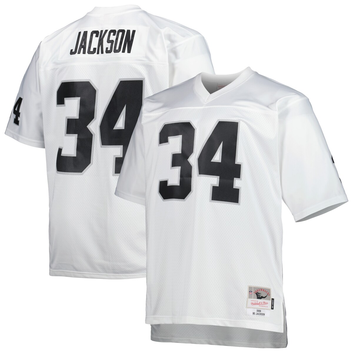 When you're gearing up for the gridiron action, celebrate one of the greatest players in the storied history of your franchise with this Bo Jackson Las Vegas Raiders Retired Player jersey from Mitchell & Ness. The bold graphics make it clear where your allegiance lies on Sundays. The mesh fabric adds enhanced breathability for a comfortable game day experience.Officially licensedV-neckDrop tail hem with side splitsStitched jock tag at bottom left hemMachine wash, tumble dry lowBack neck tapingStitched tackle twill letters and numbersBrand: Mitchell & NessMaterial: 100% PolyesterMesh fabricImportedReplica JerseyStitched fabric applique with player year and name