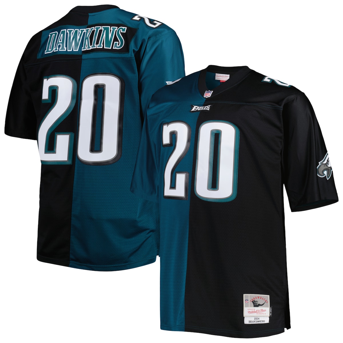 Pay homage to one of the greatest players in NFL history with this Brian Dawkins Split Legacy replica jersey from Mitchell & Ness. It features contrasting Philadelphia Eagles colors, as well as Brian Dawkins's name and number featured on the front and back, making this the perfect option for you to remember all of his achievements while playing for the Philadelphia Eagles. The droptail hem with side splits adds a layer of style while the mesh bodice brings breathability to your day.Material: 100% PolyesterMachine wash, line dryImportedDroptail hem with side splitsReplica Throwback JerseyOfficially licensedBrand: Mitchell & NessHeat-sealed graphicsMesh bodiceRib-knit collarTackle twill appliqueV-neckWoven jock tag on bottom left hem