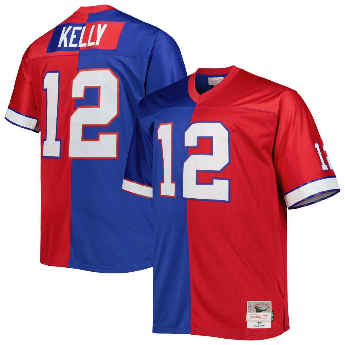 Pay homage to one of the greatest players in NFL history with this Jim Kelly Split Legacy Replica jersey by Mitchell & Ness. The contrasting Buffalo Bills colors and distinct Jim Kelly name and number graphics make this top the perfect commemorative option. The mesh bodice adds breathability to your day.Brand: Mitchell & NessOfficially licensedReplica Throwback JerseyMaterial: 100% PolyesterWoven jock tag on bottom left hemShort sleeveTackle twill appliqueV-neckMesh bodiceHeat-sealed graphicsMachine wash, line dryStitched fabric appliqueImportedRib-knit collarDroptail hem with side splits