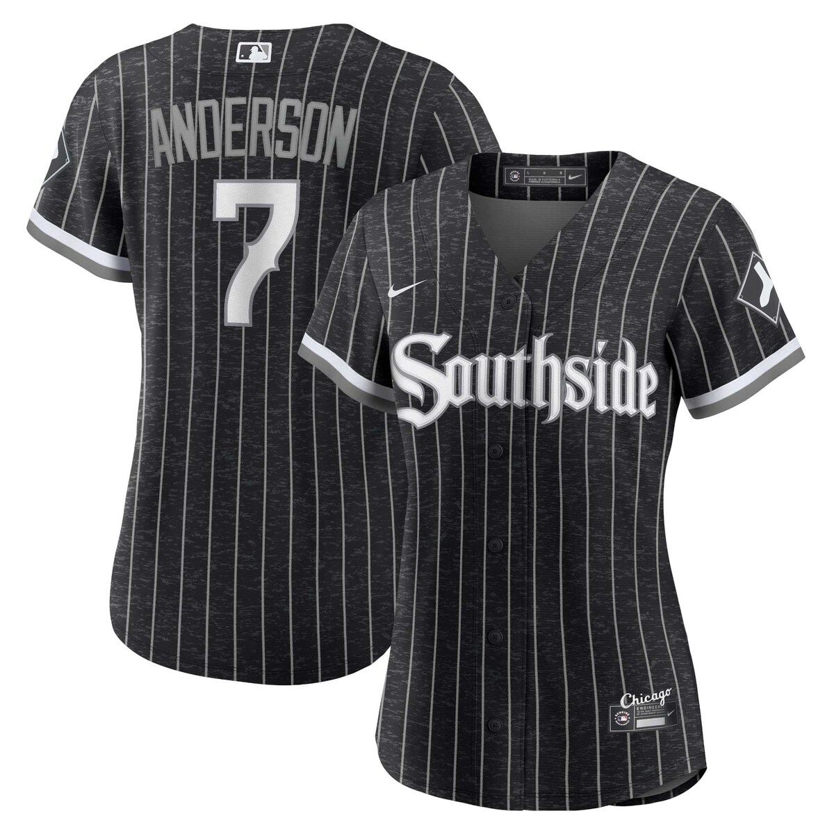 Show off your die-hard Chicago White Sox fandom with this Tim Anderson City Connect Replica player jersey. It features a sleek pinstripe design and Gothic graphics that perfectly honor the history of your team while sending a shout-out to the Southside. This Nike gear is just what you need to take your Chicago White Sox spirit to the Tim Anderson level.Sublimated designReplica JerseyMachine wash, tumble dry lowMaterial: 100% PolyesterShort sleeveHeat-sealed tackle-twill graphicsReplica JerseyMLB Batterman applique on center back neckImportedFull-button frontBrand: NikeRounded hemHeat-sealed jock tagOfficially licensed