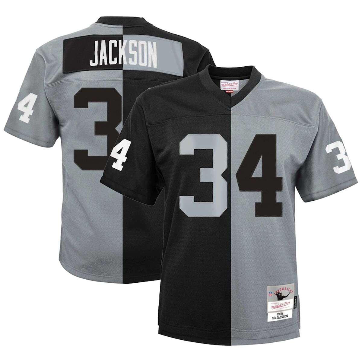 Showcase your kiddo's love for one of the greatest players of all-time in a fresh and unique way with this Bo Jackson Las Vegas Raiders Split Legacy jersey from Mitchell & Ness. This contrasting jersey design features Bo Jackson's name and number across multiple colors and trims. Whether their team is on their home turf or in front of a raucous road crowd, this stylish jersey helps your young fan look the part alongside their beloved Las Vegas Raiders.Replica Throwback JerseyOfficially licensedShort sleeveWoven tags at bottom hemMachine wash, line dryImportedMaterial: 100% PolyesterSide splits at waist hemBrand: Mitchell & NessV-neckTackle twill graphicsMesh fabric