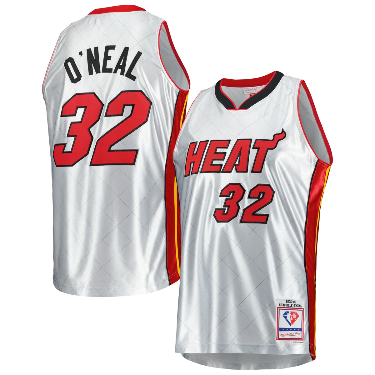 In the 75-year history of the NBA, the Miami Heat and Shaquille O'Neal have both played a major role. This 2005/06 Mitchell & Ness Hardwood Classics Swingman jersey is the perfect way to celebrate that fact. The throwback aesthetic and platinum design provide you with a sleek piece of Miami Heat gear that allows you to showcase your appreciation for the impact Shaquille O'Neal made on the game of basketball.Woven jock tag at bottom hemMaterial: 100% PolyesterOfficially licensedV-neckSwingmanBrand: Mitchell & NessEmbroidered fabric appliqueImportedSewn-on stripesSleevelessMachine wash, line dryBottom hem with side splits