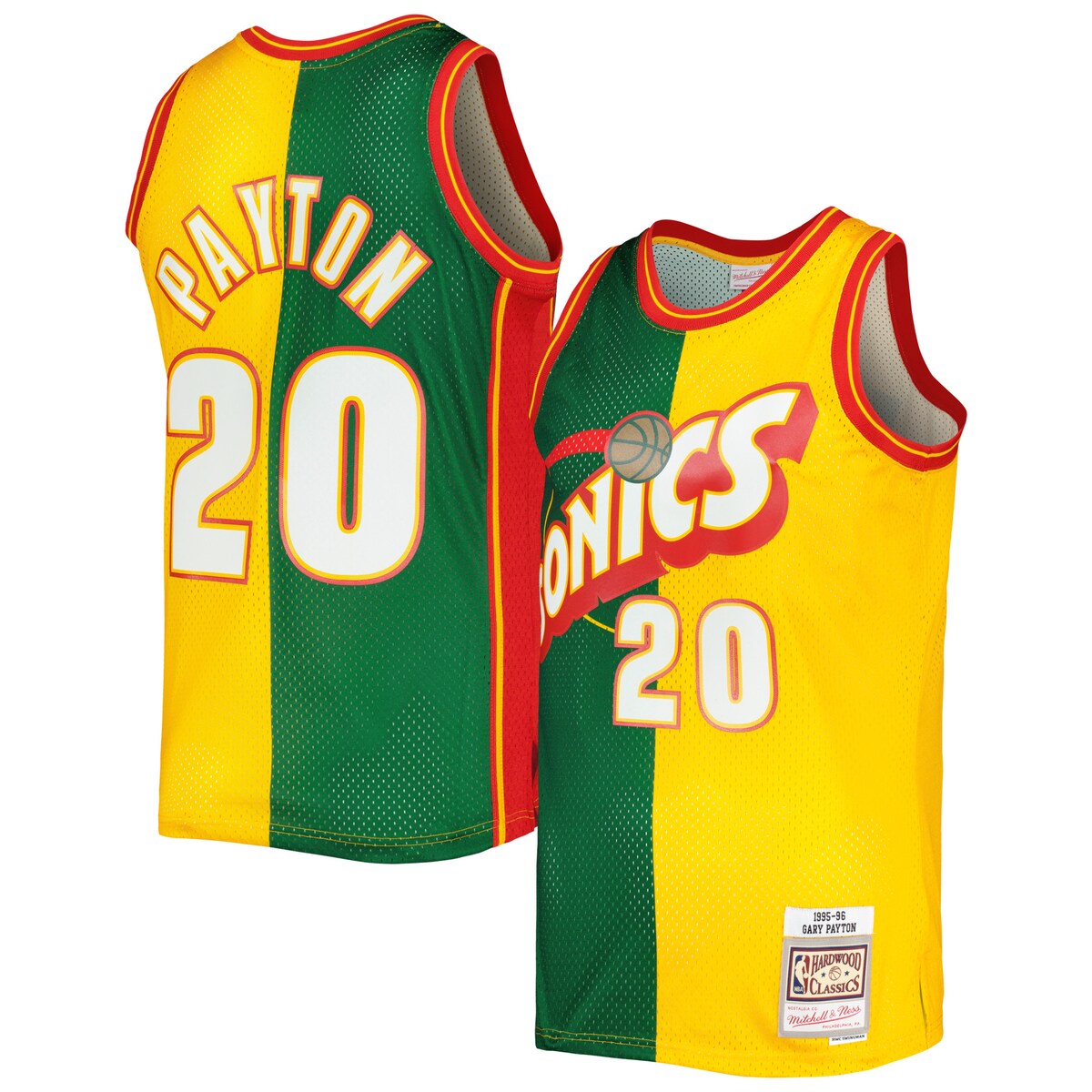 Showcase your timeless love for one of the Seattle SuperSonics ' greatest players of all time in a trendy, distinct way with this 1995/96 Gary Payton Split Swingman jersey by Mitchell & Ness. This Hardwood Classics jersey features vibrant team and Gary Payton graphics across a unique split design, allowing you to boast your spirit loud and proud. Additionally, the lightweight construction, sleeveless design and breezy mesh fabric bring comfort and breathability to your Seattle SuperSonics fandom.Mesh fabricSleevelessSwingman ThrowbackMachine wash, line dryMaterial: 100% PolyesterOfficially licensedTackle twill appliquesImportedWoven jock tagBrand: Mitchell & NessSide splits at waist hemCrew neck