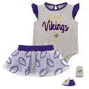 Welcome your little one into the Minnesota Vikings fan club with open arms by grabbing this adorable bodysuit, skirt and booties set. It features vibrant Minnesota Vikings and baseball-themed graphics on each piece, making it the perfect piece to get her all dolled up on game day. The three-snap closure makes changing easy and gives your youngster a comfy way to showcase their blossoming fandom.Elastic waistbandScreen print graphicsStretch-fit bootiesMachine wash, tumble dry lowThree-snap bottoms closureImportedRuffled sleevesSet includes bodysuit, booties and skirtSingle button closure on back of bodysuitOfficially licensedPrinted graphics on skirtMaterial: 90% Cotton/10% Rayon - Bodysuit; 90% Polyester/10% Spandex - Skirt Body; 100% Cotton - Skirt Lining and BootiesOutseam for size 3/6M approx. 5"Crew neckBrand: Outerstuff