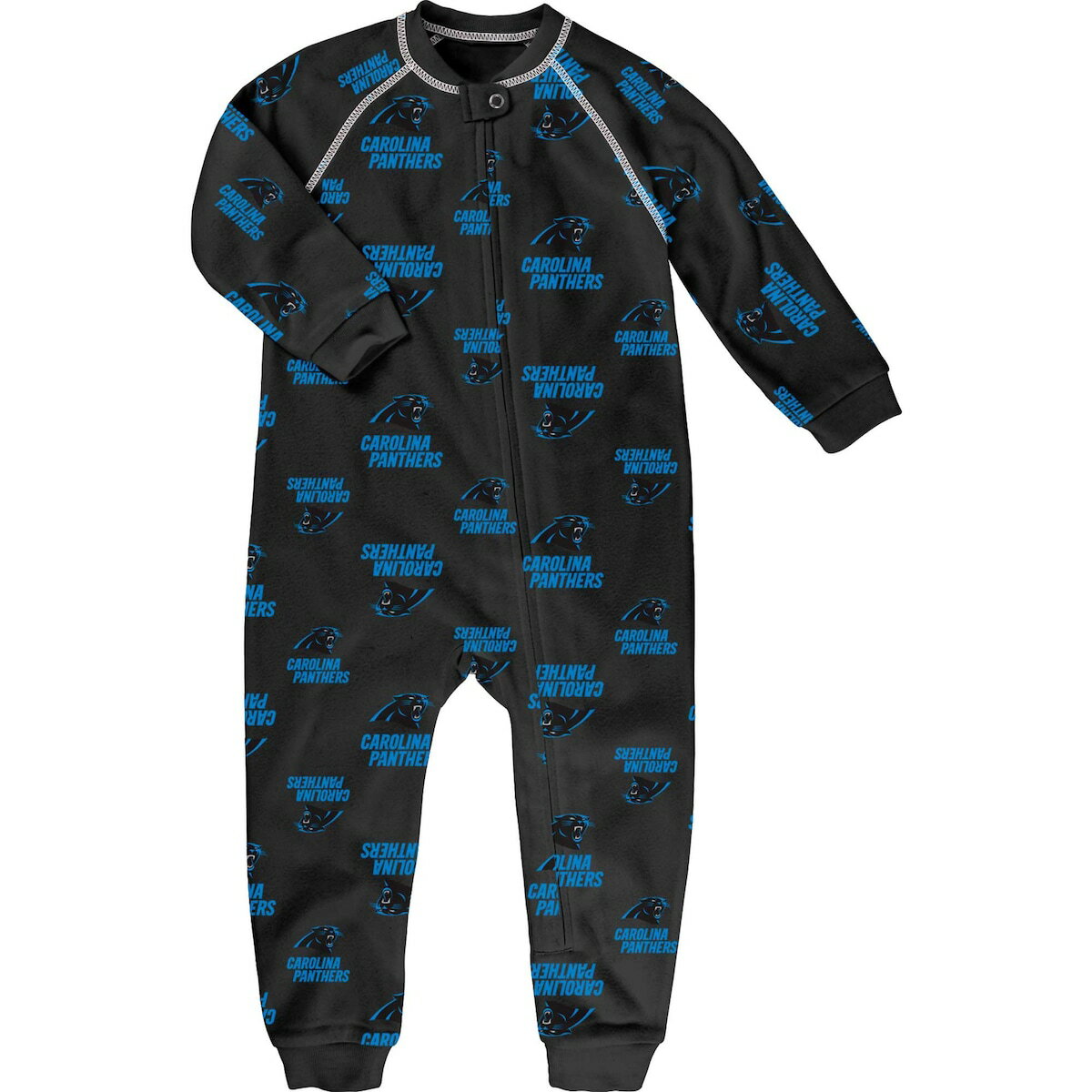 Provide your budding Carolina Panthers fan with comfort and spirit each night by dressing them in this full-zip sleeper. It features roomy raglan sleeves so they can stretch, crawl and sleep in comfort. An allover Carolina Panthers print easily displays which team they'll root for each game day.ImportedMachine wash with garment inside out, tumble dry lowOfficially licensedFlatlock stitchingInseam on size 3T measures approx. 15"Snap closure at neckBrand: OuterstuffMaterial: 100% PolyesterFull-zipRaglan sleevesSublimated graphics