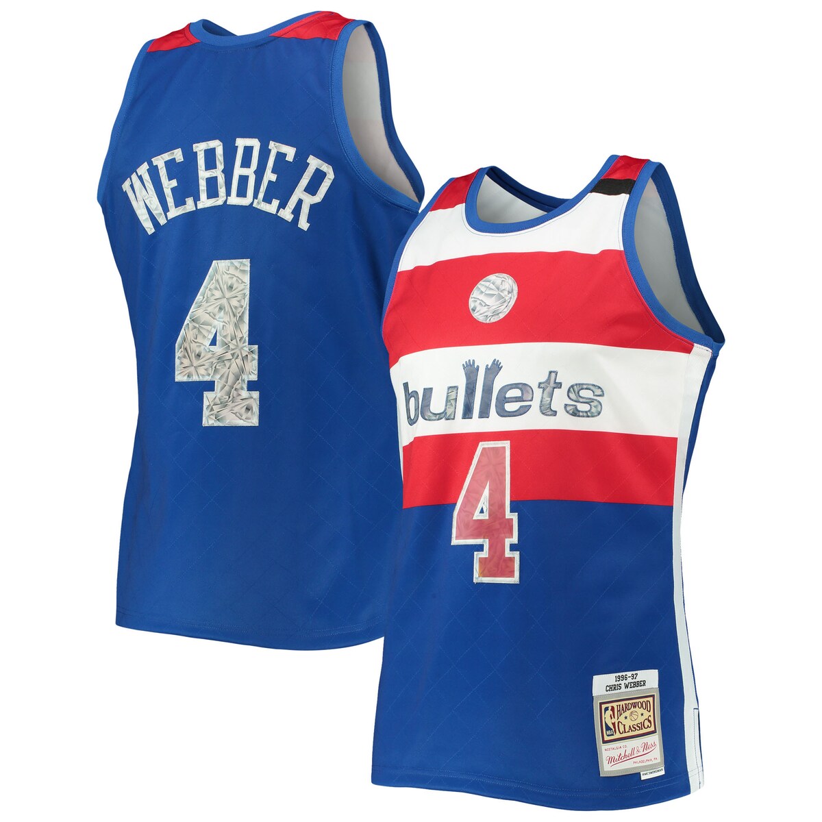 For the NBA's 75th anniversary, throw it back to one of the stars of the Washington Bullets with this Chris Webber Hardwood Classics Diamond Swingman jersey from Mitchell & Ness. It features faux diamond details for the league's big milestone and that old-school design Chris Webber used to wear back in the day. This authentic piece of gear is a great way to mesh past and present as you get fired up for game day.Machine wash, line dryStraight hemline with side splitsSwingman ThrowbackOfficially licensedStitched holographic applique with faux diamond patternSleevelessCrew neckMaterial: 100% PolyesterImportedStitched designWoven jock tag at hemBrand: Mitchell & Ness