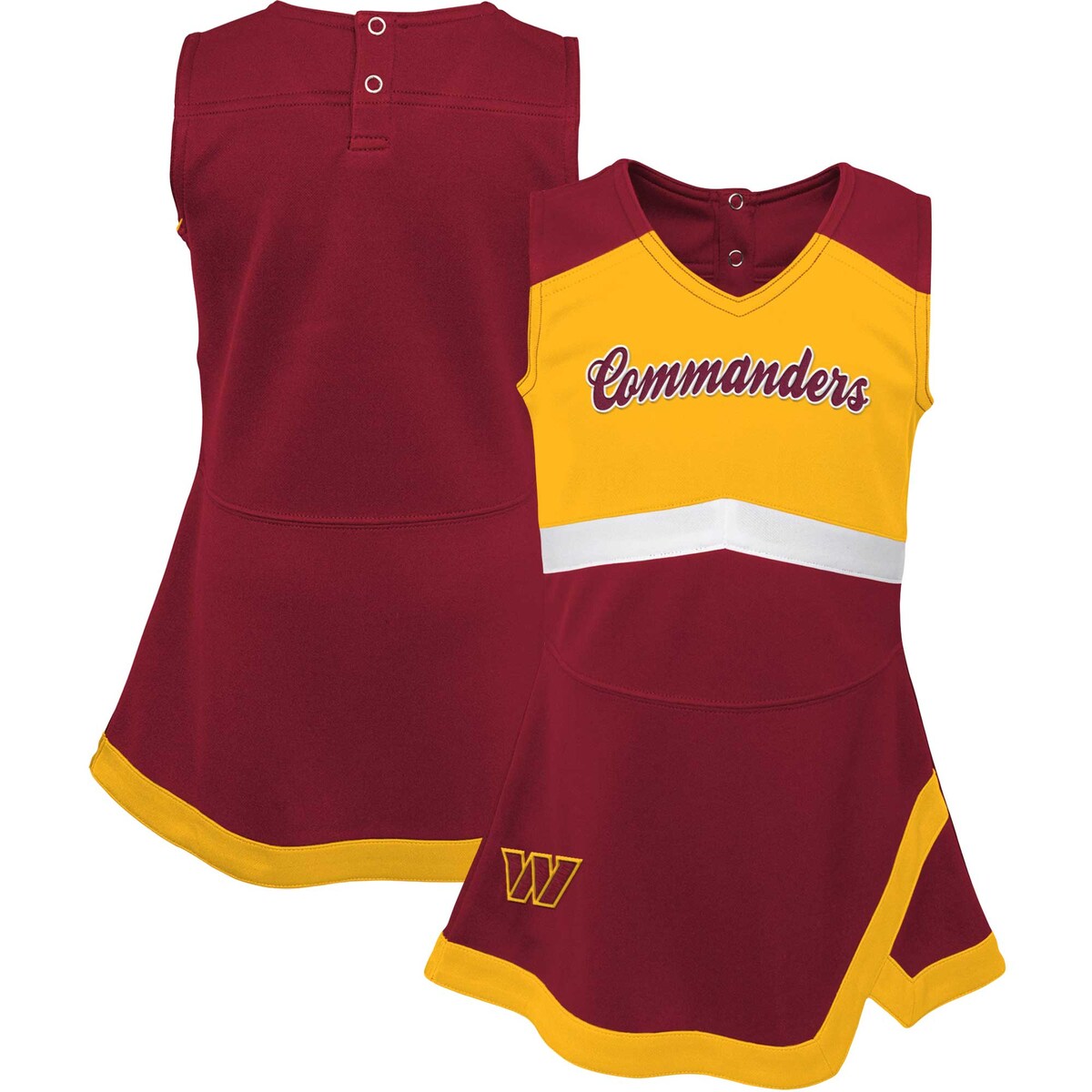 Your young little one looks like the ultimate Washington Commanders cheerleader in this Captain Jumper dress. It features a sleeveless construction and lightweight material that allows them to move freely. An unmistakable Washington Commanders design with bold team graphics and accents makes your tot the cutest fan in the room.Machine wash, tumble dry lowImportedOfficially licensedTwo-snap closure at back neckSleevelessBrand: OuterstuffOutseam on size 24M measures approx. 12.5"Embroidered fabric appliqueMaterial: 100% Polyester