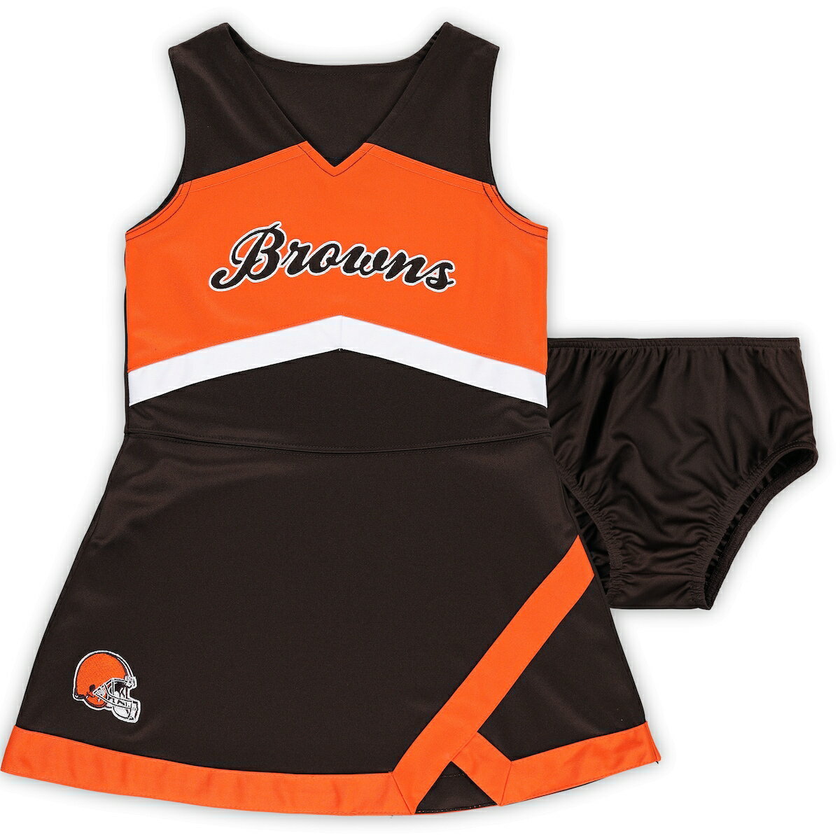 Your young little one looks like the ultimate Cleveland Browns cheerleader in this two-piece Captain Jumper dress and bloomers set. It features a sleeveless construction and lightweight material that allows them to move freely. An unmistakable Cleveland Browns design with bold team graphics and accents makes your tot the cutest fan in the room.Outseam on size M 5/6 measures approx. 17"Officially licensedSewn-on stripesMachine wash with garment inside out, tumble dry lowSleevelessSet includes bloomers and dressMaterial: 100% PolyesterImportedBrand: OuterstuffV-neckElastic waist and leg openingsEmbroidered fabric applique