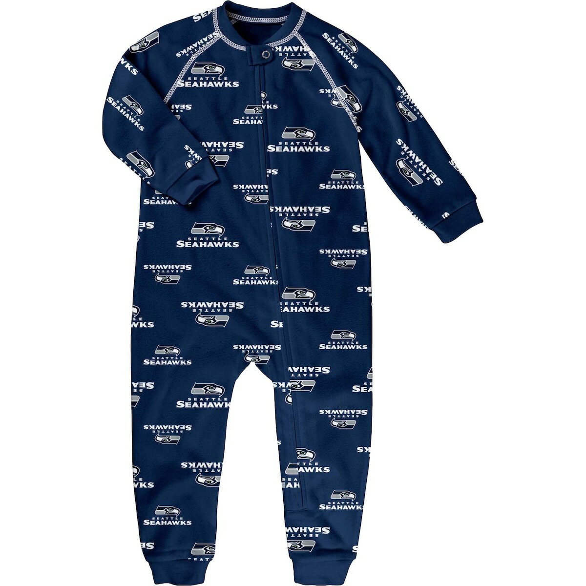 Provide your budding Seattle Seahawks fan with comfort and spirit each night by dressing them in this full-zip sleeper. It features roomy raglan sleeves so they can stretch, crawl and sleep in comfort. An allover Seattle Seahawks print easily displays which team they'll root for each game day.Snap closure at neckMaterial: 100% PolyesterMachine wash with garment inside out, tumble dry lowOfficially licensedFlatlock stitchingImportedFull-zipRaglan sleevesBrand: OuterstuffSublimated graphicsInseam on size 3T measures approx. 15"