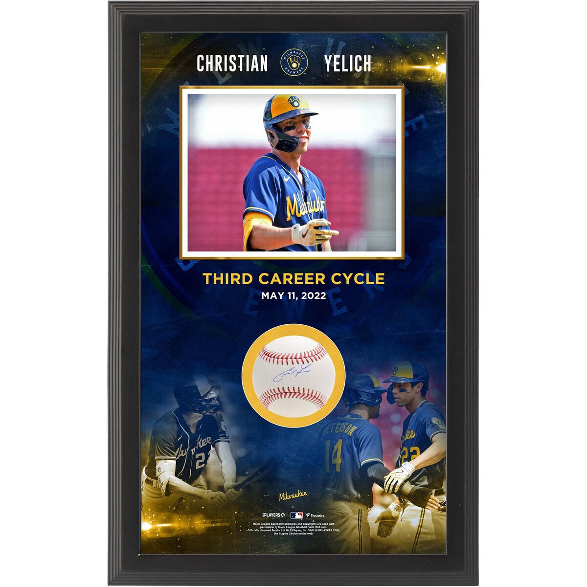 Commemorate Christian Yelich's 3rd Career Cycle with this Baseball Shadowbox Collage. It showcases Yelich's iconic signature on the sweet spot to provide the ultimate collector's item for Milwaukee Brewers fans.Officially licensedObtained under the auspices of the Major League Baseball Authentication Program and can be verified by its numbered hologram at MLB.comSignature may varyReady to hangHand-signed autographBrand: Fanatics AuthenticIncludes an individually numbered, tamper-evident hologramShadowbox measures approx. 24.4'' x 15'' x 3.5''