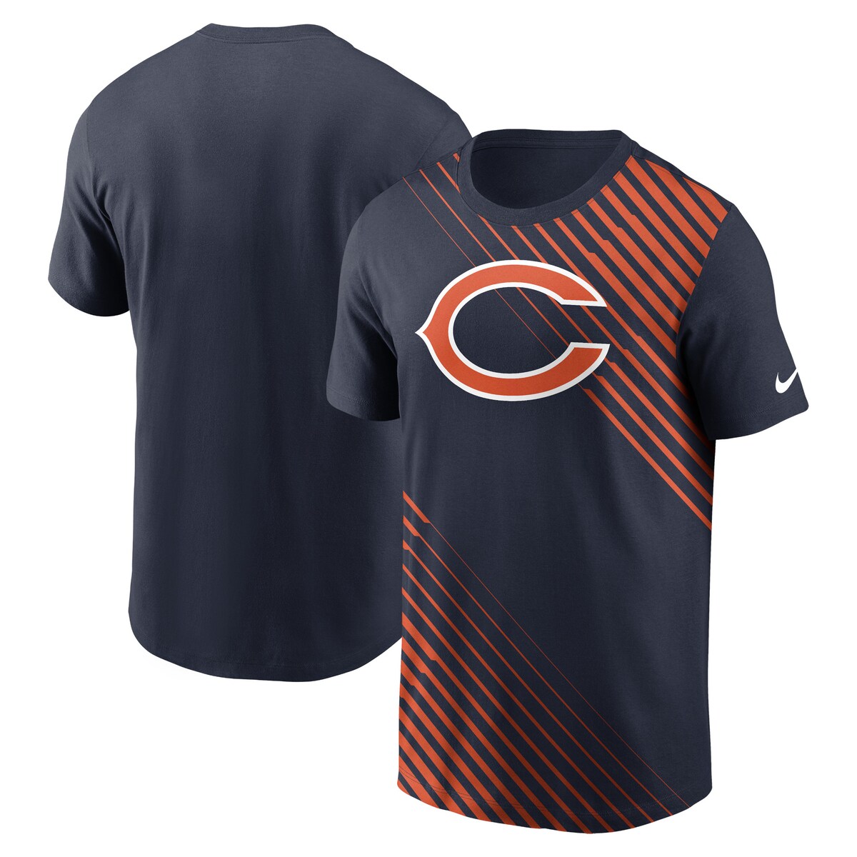 Step up your casual style on Chicago Bears game day with this Yard Line Fashion Asbury T-shirt from Nike. Its diagonal stripe pattern in a team color highlights the large Chicago Bears logo printed across the chest. Lightweight, breathable material feels comfortable to wear all day.Brand: NikeScreen print graphicsOfficially licensedRounded hemImportedShort sleeveMachine wash, tumble dry lowMaterial: 100% CottonCrew neck