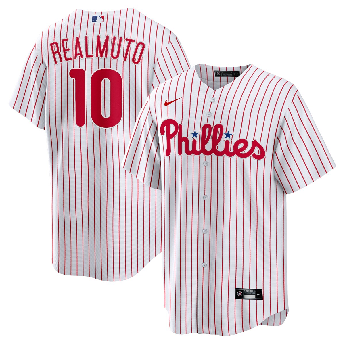 You're the type of Philadelphia Phillies fan who counts down the minutes until the first pitch. When your squad finally hits the field, show your support all game long with this JT Realmuto Replica jersey from Nike. Its classic full-button design features the name and number of your favorite player in crisp applique graphics, leaving no doubt you'll be along for the ride for all 162 games and beyond this season.Jersey Color Style: HomeReplica JerseyMaterial: 100% PolyesterImportedHeat-sealed jock tagMachine wash gentle or dry clean. Tumble dry low, hang dry preferred.Officially licensedBrand: NikeRounded hemHeat-sealed transfer appliqueMLB Batterman applique on center back neckFull-button front