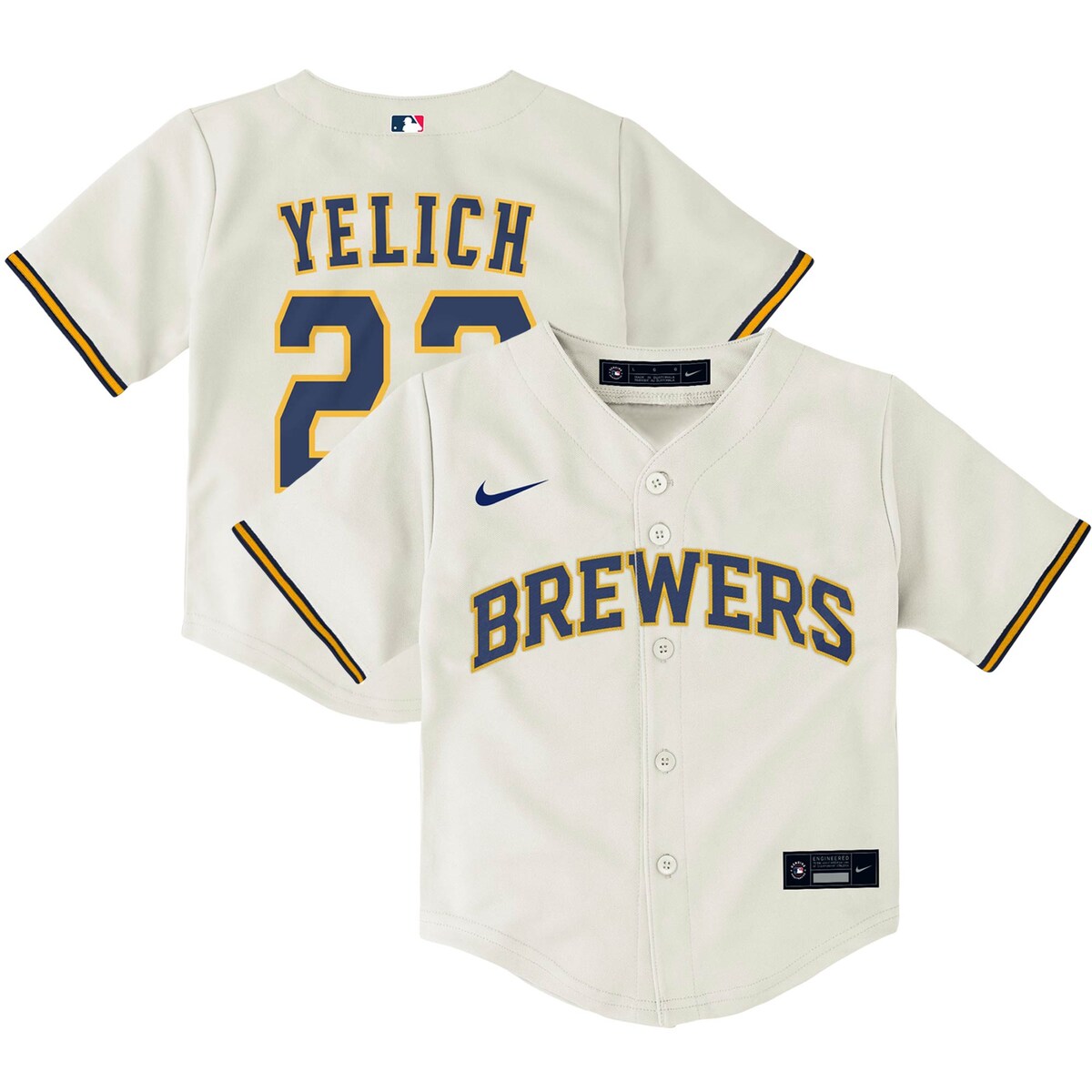 Your youngster is just starting on their journey into the world of baseball, but that doesn't mean they're not ready to support the Milwaukee Brewers. This Christian Yelich Replica Player jersey from Nike is designed to mimic the jerseys that the players themselves sport out on the diamond. Your kiddo will look just like a young Christian Yelich when they sport this adorable jersey on game day.Rounded bottom hemReplica JerseyOfficially licensedMachine wash, tumble dry lowMlb Batterman patch on back of jerseyJersey Color Style: HomeScreen print graphicsFull-button frontMaterial: 100% PolyesterStitched fabric appliqueHeat-sealed jock tagImportedBrand: Nike