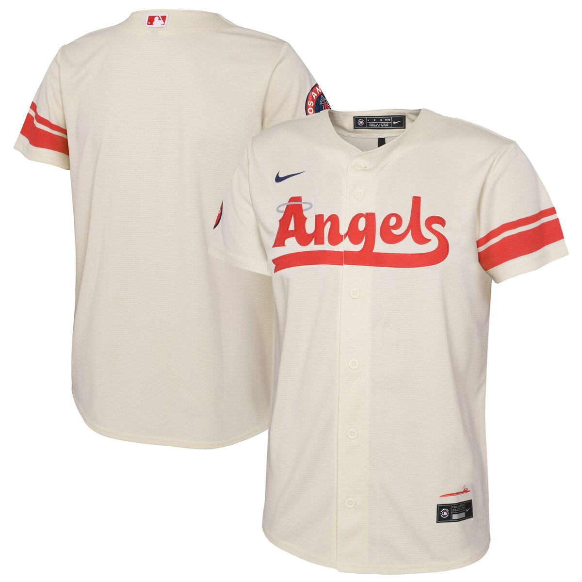 Get your youngster a truly unique piece for their Los Angeles Angels collection of gear with this new 2022 City Connect Replica Jersey. This special Nike piece is perfect for your kiddo, whether they were born at the beach or have fallen in love with the laid back surf culture that Southern California provides. The design of this gear is inspired by immaculate Huntington Beach vibes and the unwavering free and easy mood of Angels fans. Snag some of this fresh new gear to let your young one stand out at the game or in the sand on the weekend, and make sure everyone knows where they are from and who they root for.Short sleeveMLB Batterman applique on center back neckMachine wash gentle or dry clean. Tumble dry low, hang dry preferred.Heat-sealed jock tagHeat-sealed transfer appliqueOfficially licensedReplica JerseyImportedBrand: NikeRounded hemMaterial: 100% PolyesterFull-button front