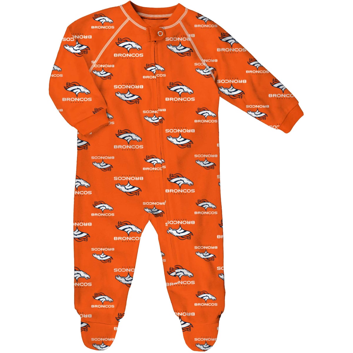 Provide your budding Denver Broncos fan with comfort and spirit each night by dressing them in this full-zip jumper. It features roomy raglan sleeves so they can stretch, crawl and sleep in comfort. An allover Denver Broncos print easily displays which team they'll root for each Sunday.ImportedMachine wash with garment inside out, tumble dry lowFlame resistantSublimated graphicsMaterial: 100% PolyesterFull-zipRaglan sleevesLong sleeveFooted with non-slip dotsFlatlock stitchingSnap closure at neckOfficially licensedBrand: Outerstuff