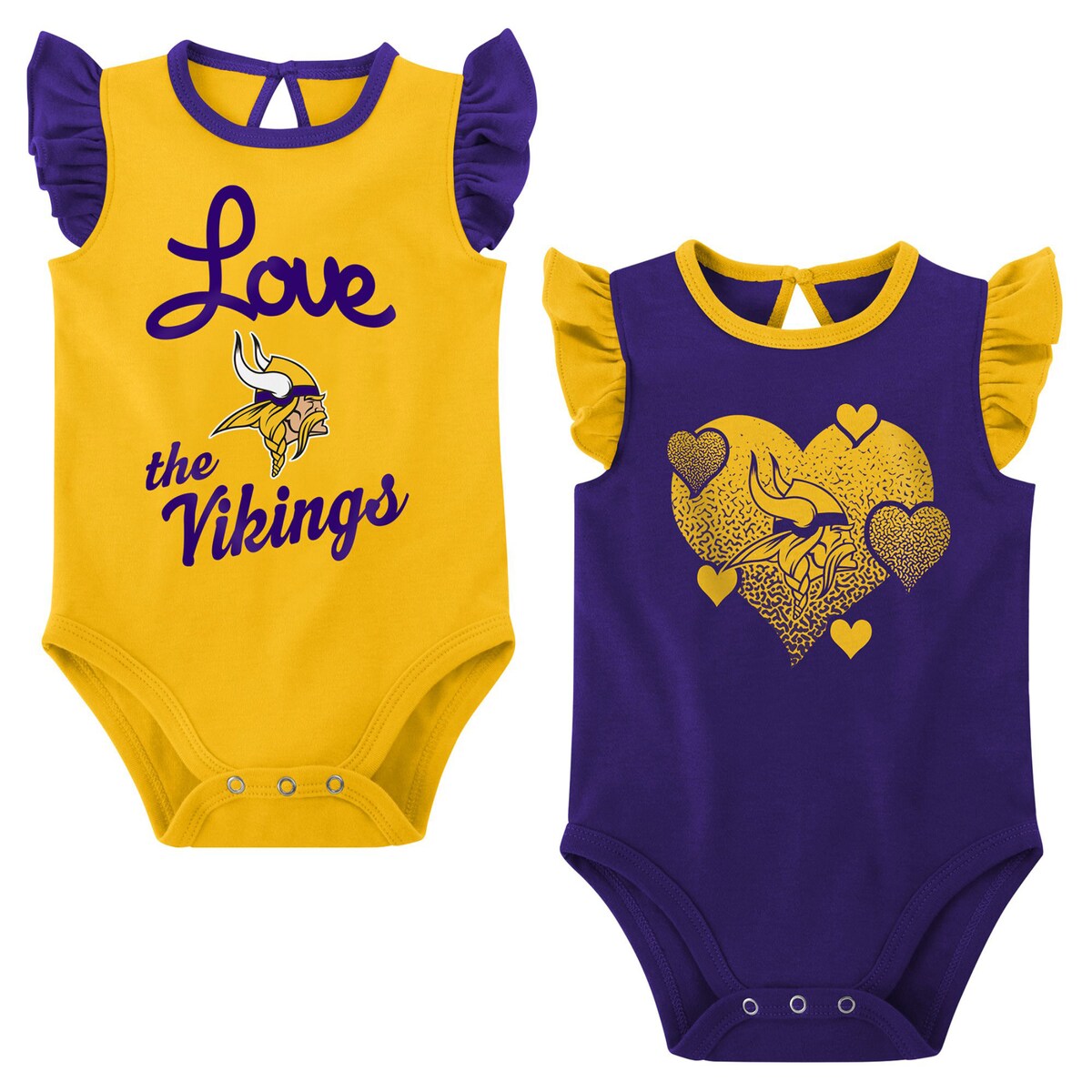 You can make your kiddo the newest and cutest Minnesota Vikings fan ever by grabbing this Spread the Love 2-pack bodysuit set! These bodysuits feature incredibly cute Minnesota Vikings graphics and have a keyhole back with a button as well as three snaps at the bottom for easy dressing. You'll be able to help your youngster express their newfound devotion easily by grabbing this set.Ruffled cap sleevesImportedOfficially licensedMachine wash with garment inside out, tumble dry lowBrand: OuterstuffMaterial: 100% CottonKeyhole back with button closureSet includes: Two bodysuitsScreen-print graphicsThree snap-buttons at bottom