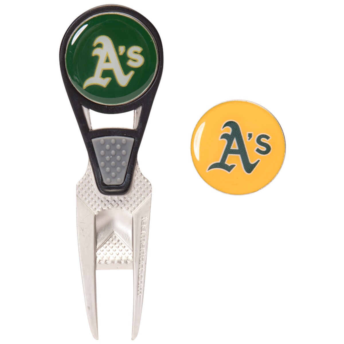 Add some flair to your golf game with this Oakland Athletics CVX repair tool and ball markers set.CVX repair tool uses 19-degree angle and convex curve to assist in proper repair of ball marksRepair tool measures approx. 1" x 3.25" x 0.5"Officially licensedMaterial: 100% MetalRepair tool features magnetic frontBall markers measure approx. 1" in diameterImportedRepair tool features textured indent for secure thumb placementIncludes two ball markersBall markers feature printed graphics under acrylic overlayBrand: WinCraftAssembled in USA from Imported parts