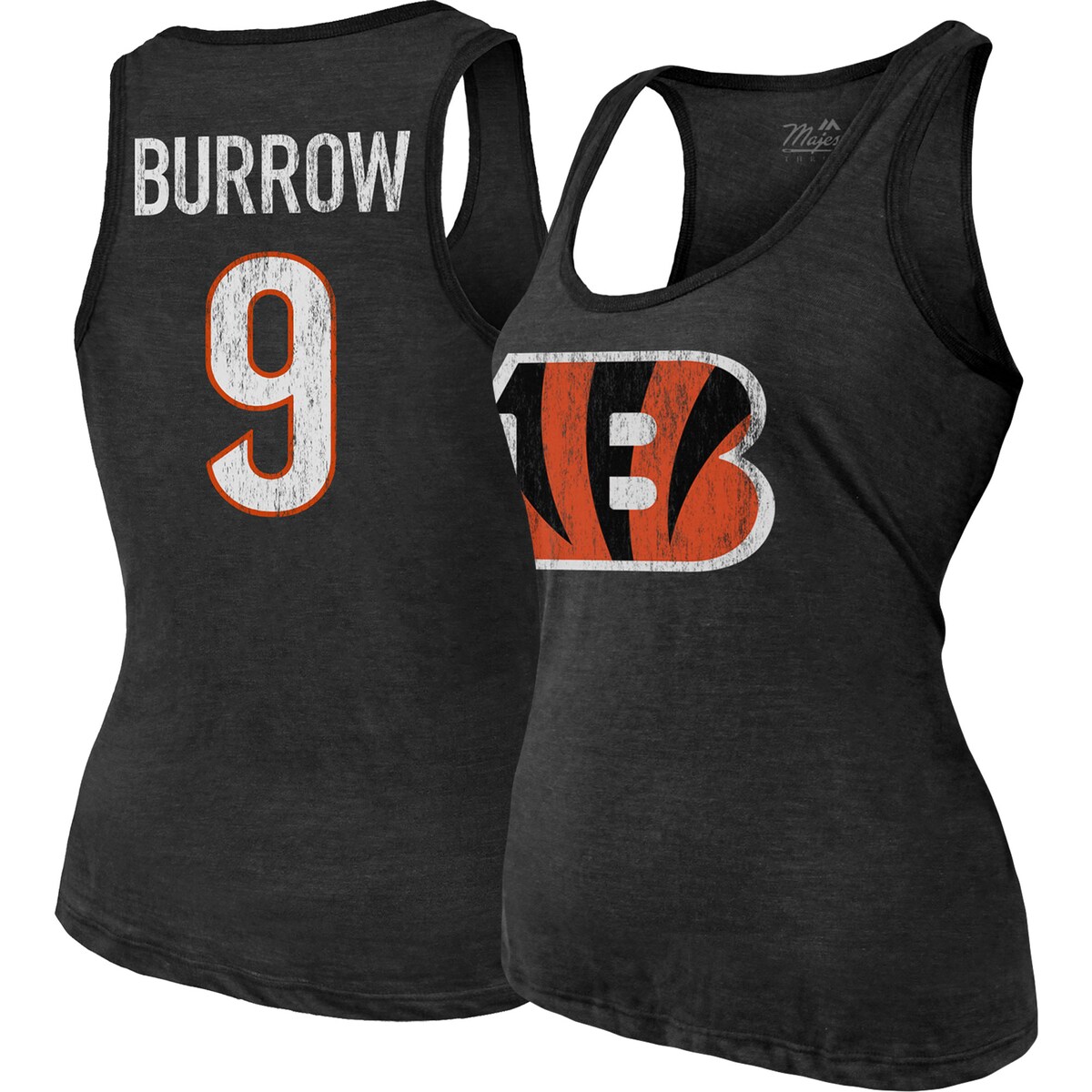 Rally on for Joe Burrow in this Cincinnati Bengals Player Name & Number Tri-Blend tank top from Majestic Threads!Distressed screen print graphicsOfficially licensedScoop neckHeathered fabricScoop neckMaterial: 50% Polyester/38% Cotton/12% RayonSleevelessMade in the USABrand: Majestic ThreadsMachine wash, tumble dry lowSleeveless