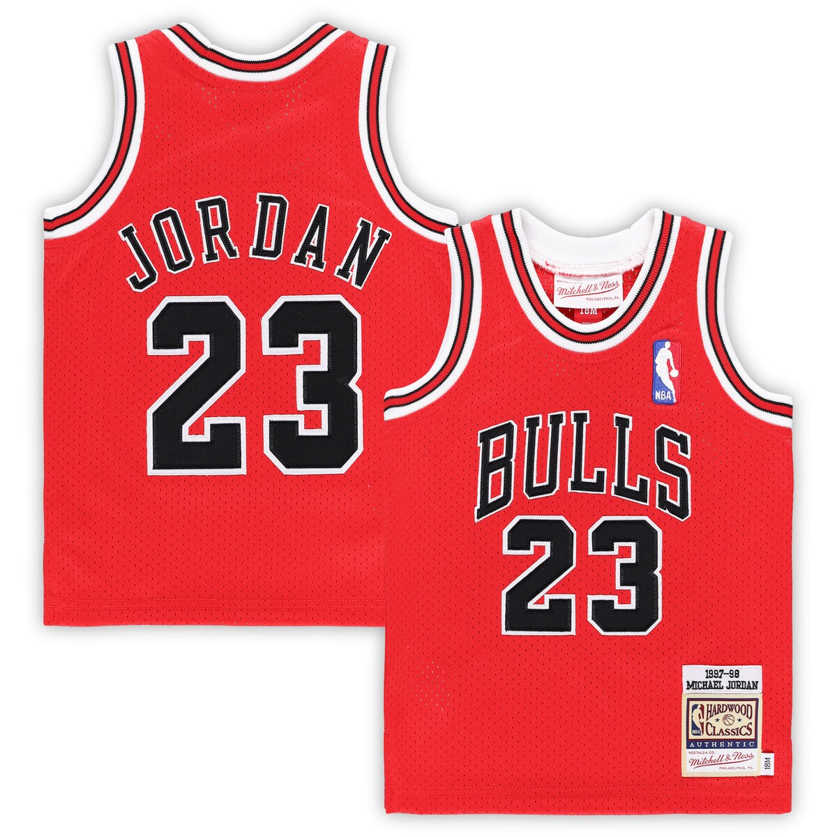 Your young Chicago Bulls fan can rep the GOAT with this Michael Jordan Hardwood Classics Authentic jersey from Mitchell & Ness. Its official design replicates the jersey MJ wore during the 1997/98 season, a timeless look that all basketball fans can appreciate. Not to mention its mesh design helps promote airflow for added comfort.SleevelessOfficially licensedAuthentic Throwback JerseyMachine wash, tumble dry lowSide splits at hemMaterial: 100% PolyesterImportedPerforated mesh design for airflowWoven jock tagStitched tackle twill team and player detailsEmbroidered NBA Logoman at left shoulderBrand: Mitchell & Ness