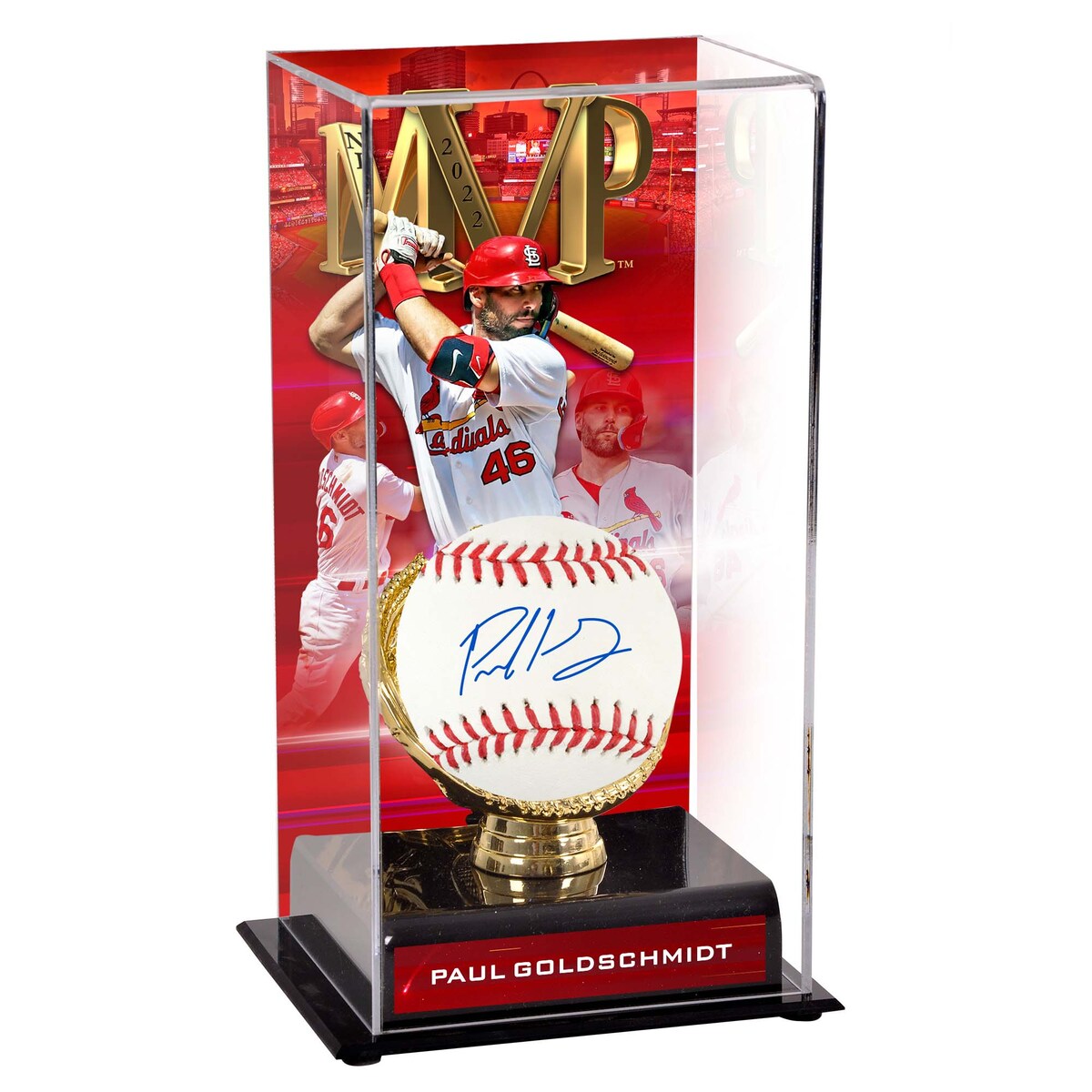 Celebrate Paul Goldschmidt's amazing season and being named 2022 NL MVP with this Autographed Baseball with Sublimated Display Case from Fanatics Authentic. Goldschmidt began the 2022 season on a high note and pretty much stayed hot throughout the season, finishing up his year with a .317 batting average, along with 35 home runs and 115 RBIs. This officially licensed gear will be the perfect addition to your MLB collection. This will show everyone you know that you're a true St. Louis Cardinals and Paul Goldschmidt fan.Includes an individually numbered, tamper-evident hologramRemovable clear acrylic lidBrand: Fanatics AuthenticMade in the USAOfficially licensedHand-signed autographSignature may varyMaterial: 100% LeatherObtained under the auspices of the Major League Baseball Authentication Program and can be verified by its numbered hologram at MLB.comDisplay case measures approx. 12'' x 10'' x 9''