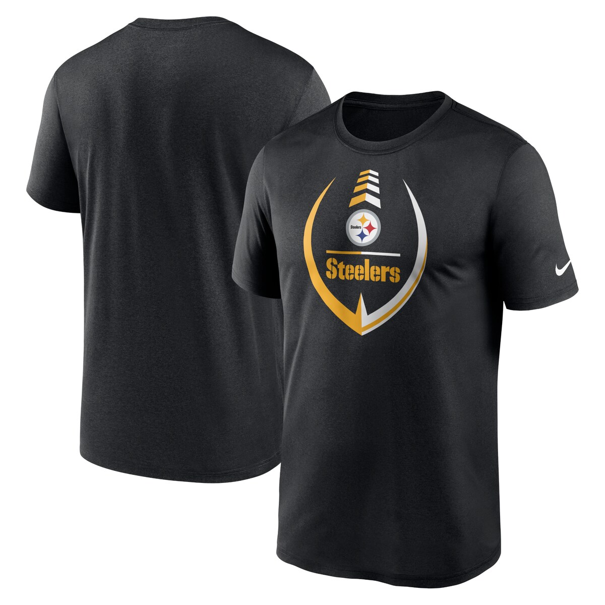 The Men's Nike Black Pittsburgh Steelers Icon Legend Performance T-shirt is the perfect way to show unwavering support for the Pittsburgh Steelers. Made from breathable polyester, this T-shirt features Dri-FIT technology to keep you cool and comfortable during the game. The crew neck and screen print graphics add a touch of style, while the official Pittsburgh Steelers logo proudly displays your team spirit. Whether cheering from the stands or watching from home, this T-shirt is a must-have for any Steelers fan.Short sleeveMachine wash, tumble dry lowDri-FIT technology wicks away moistureImportedOfficially licensedSizing Tip: Fans say this t-shirt runs small. If you are in between sizes, consider sizing up.Crew neckThis item is non-returnableScreen print graphicsMaterial: 100% PolyesterBrand: NikeTagless collar with interior taping for a more comfortable feel