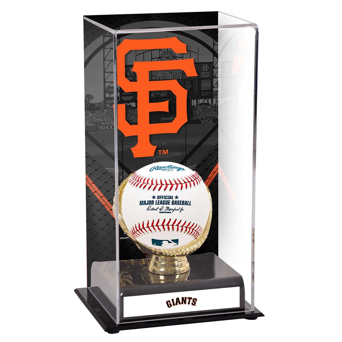 This acrylic display case comes with an image, a sublimated nameplate, and a black acrylic base with a gold-colored glov...