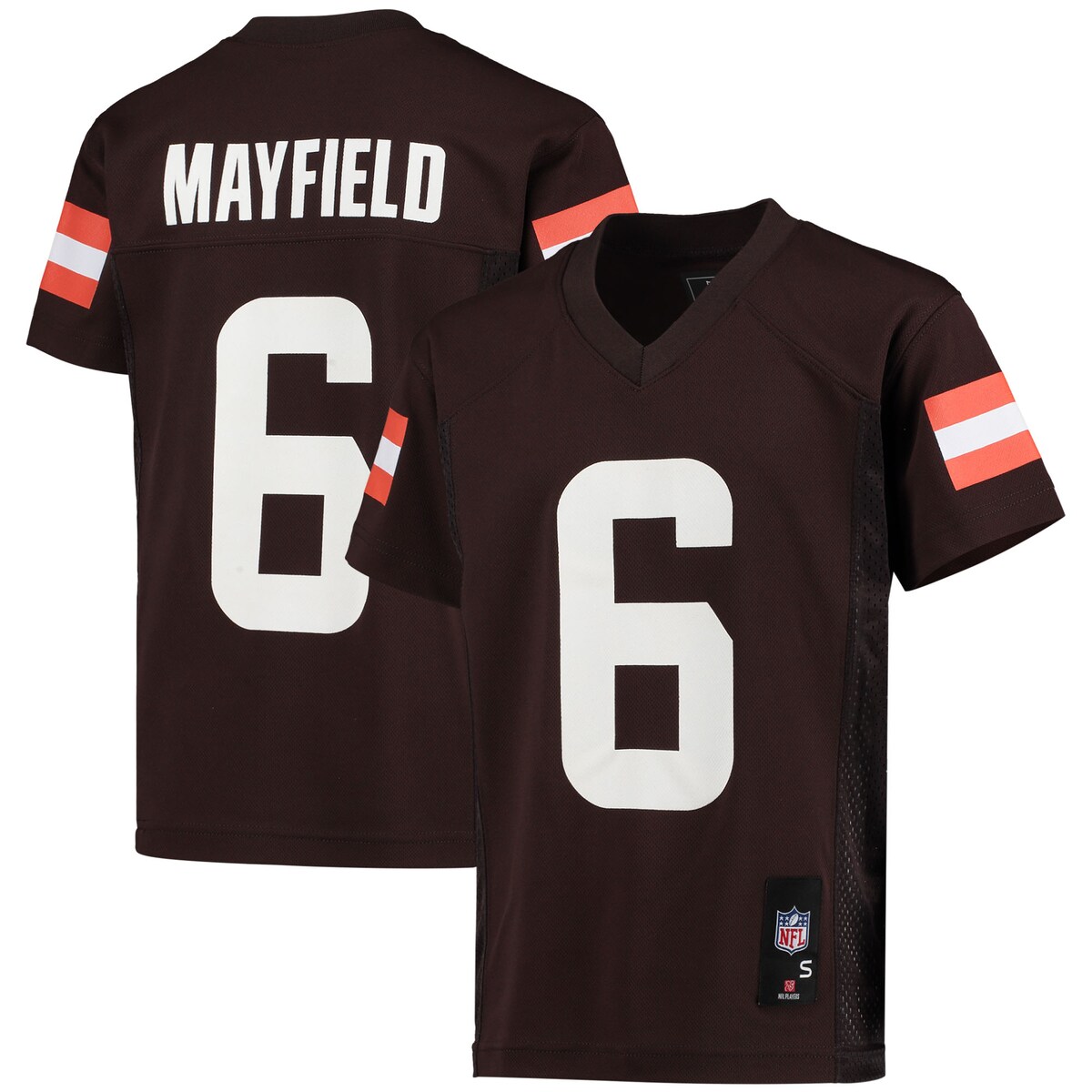 Elevate showing off support for Baker Mayfield with this Cleveland Browns Replica Player jersey. It features printed Cleveland Browns graphics and looks similar to the same one Baker Mayfield sports on the field. In addition, the mesh side panels will help provide a breezy feel for more comfortable wearing.Material: 100% PolyesterShort sleevesOfficially licensedReplica JerseyScreen print graphicsMachine wash with garment inside out, tumble dry lowBrand: OuterstuffImportedV-neckWoven jock tag at hemMesh fabric side panels