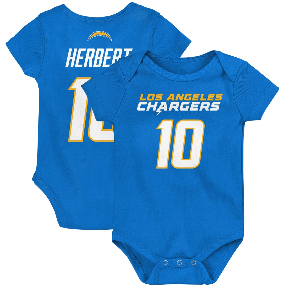 With your kiddo steadily growing as a football fan, help them showcase their strengthening pride with this Los Angeles Chargers Justin Herbert Mainliner Player Name and Number bodysuit. It features bold graphics and a snug, comfortable fit so they can easily and proudly show some love for the Los Angeles Chargers and one of their top players.Three-snap closure at bottomOfficially licensedLap shoulder necklineScreen print graphicsMachine wash, tumble dry lowImportedBrand: OuterstuffMaterial: 100% Cotton