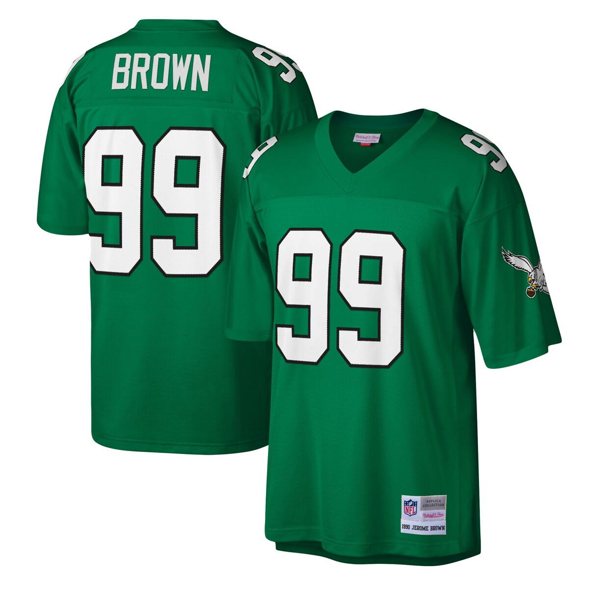 You loved watching Jerome Brown control the football field in his prime. Now you can show off your appreciation for his storied career with this Philadelphia Eagles Legacy Replica jersey from Mitchell & Ness. It features distinctive throwback team graphics on the chest and back, perfect for wearing at home or at the game. By wearing this jersey, you'll feel like you're reliving some of your favorite player's greatest plays from his glory days.Brand: Mitchell & NessImportedV-neckSizing Tip: Product runs true to size. If you are in between sizes, we recommend ordering the smaller size.Machine wash, line dryOfficially licensedShort sleeveMaterial: 100% Polyester