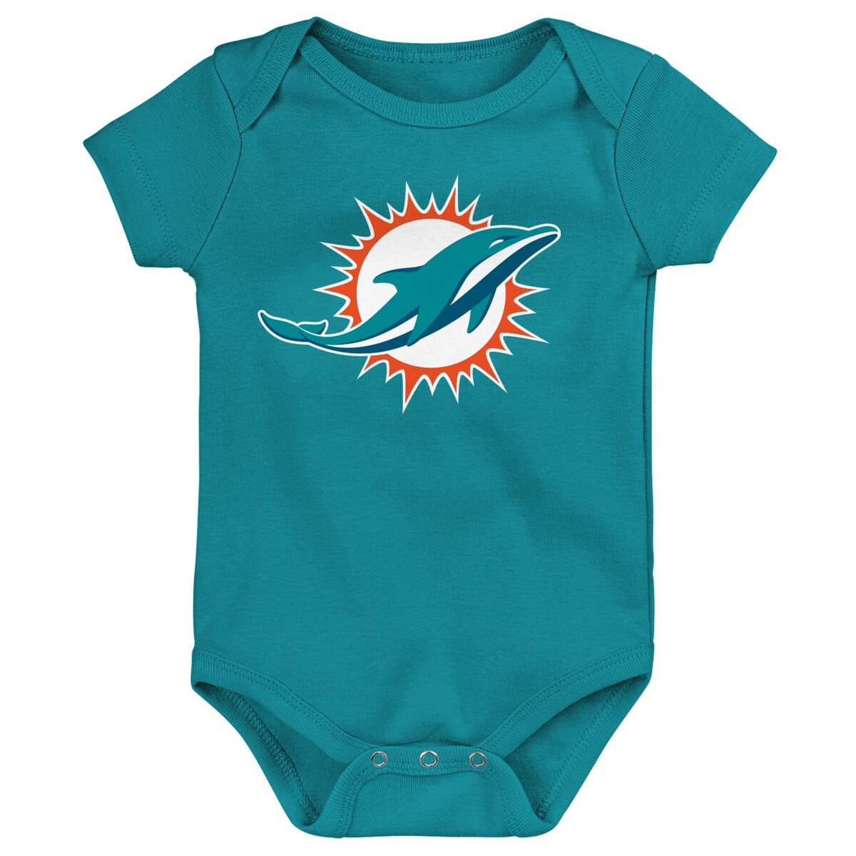 You've been a fiercely loyal Miami Dolphins fan for as long as you can remember. Pass that fandom down to the kiddo in your life by getting this Team Logo bodysuit. It features the iconic Miami Dolphins logo at the center, which effortlessly highlights their devotion. The lap shoulder neckline and three snaps at the bottom make dressing and undressing super easy.Machine wash, tumble dry lowLap shoulder necklineThree snaps at bottomImportedOfficially licensedBrand: OuterstuffMaterial: 100% CottonShort sleevesScreen print graphics